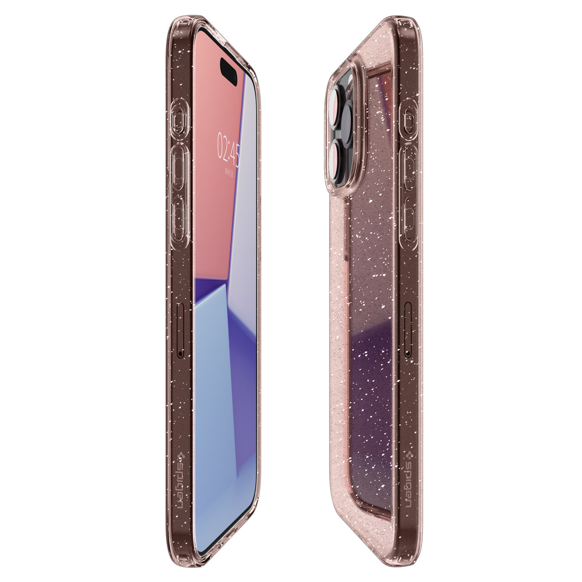 Due custodie per telefono. Una vista laterale, una custodia oro rosa con telefono. L'altra di profilo.