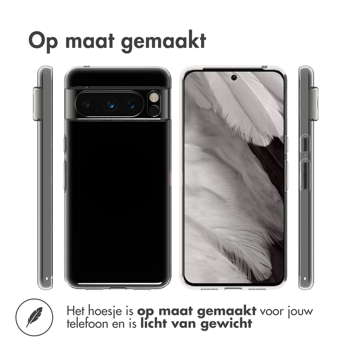 Telefoon in zwarte hoes, zijaanzicht en voorkant met tekst.