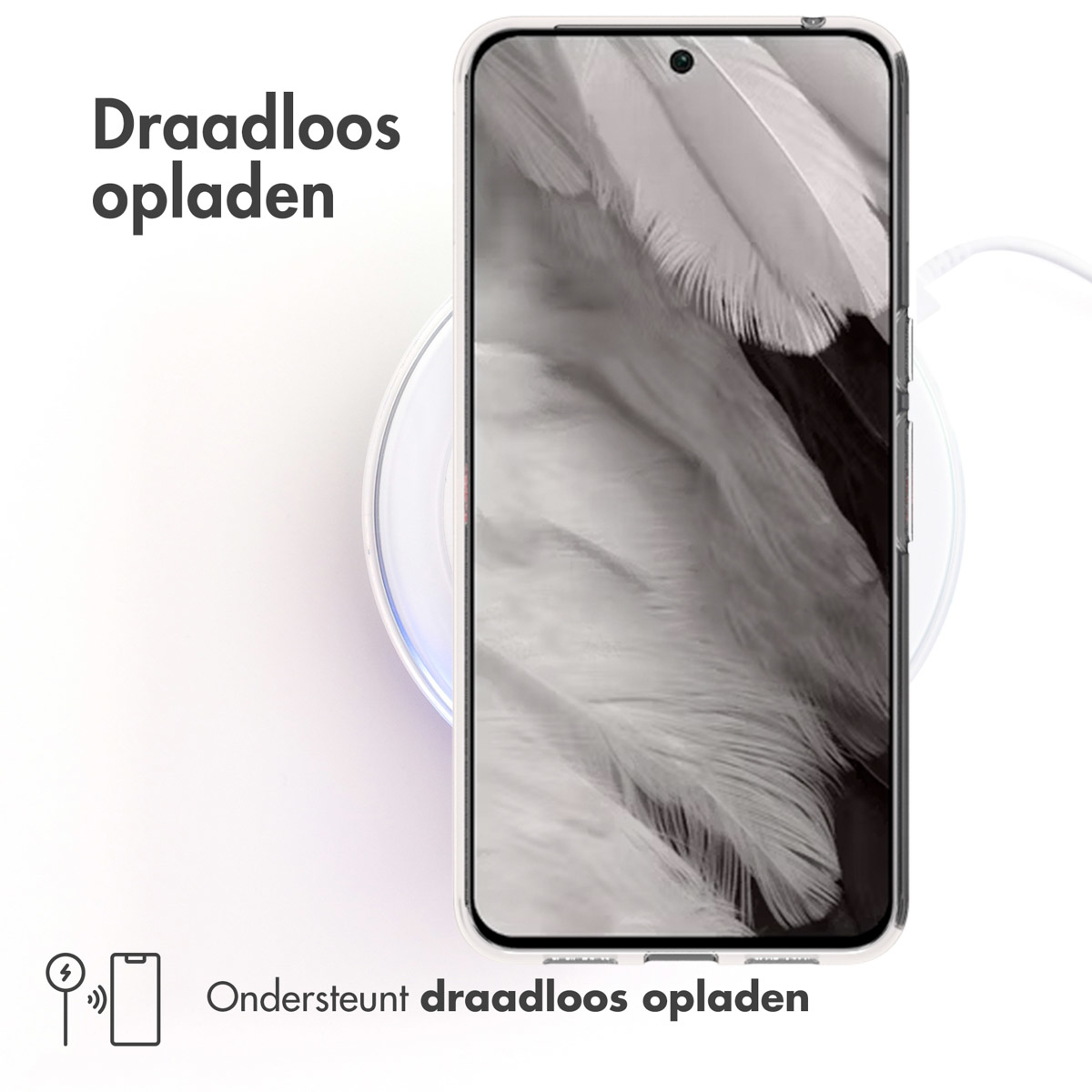 Telefoon draadloos aan het opladen. Tekst: Draadloos opladen ondersteund.