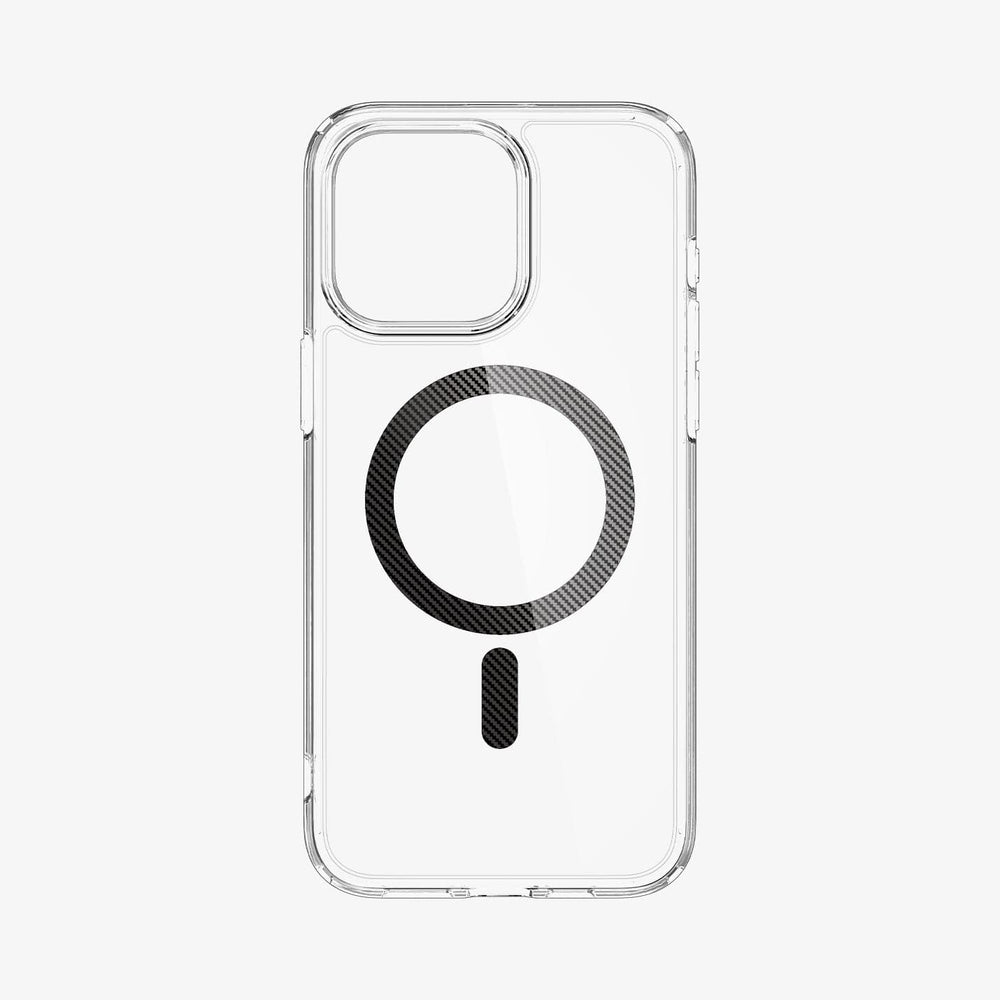 Een doorzichtige telefoonhoes met een cirkelvormig magneetontwerp op de achterkant.
