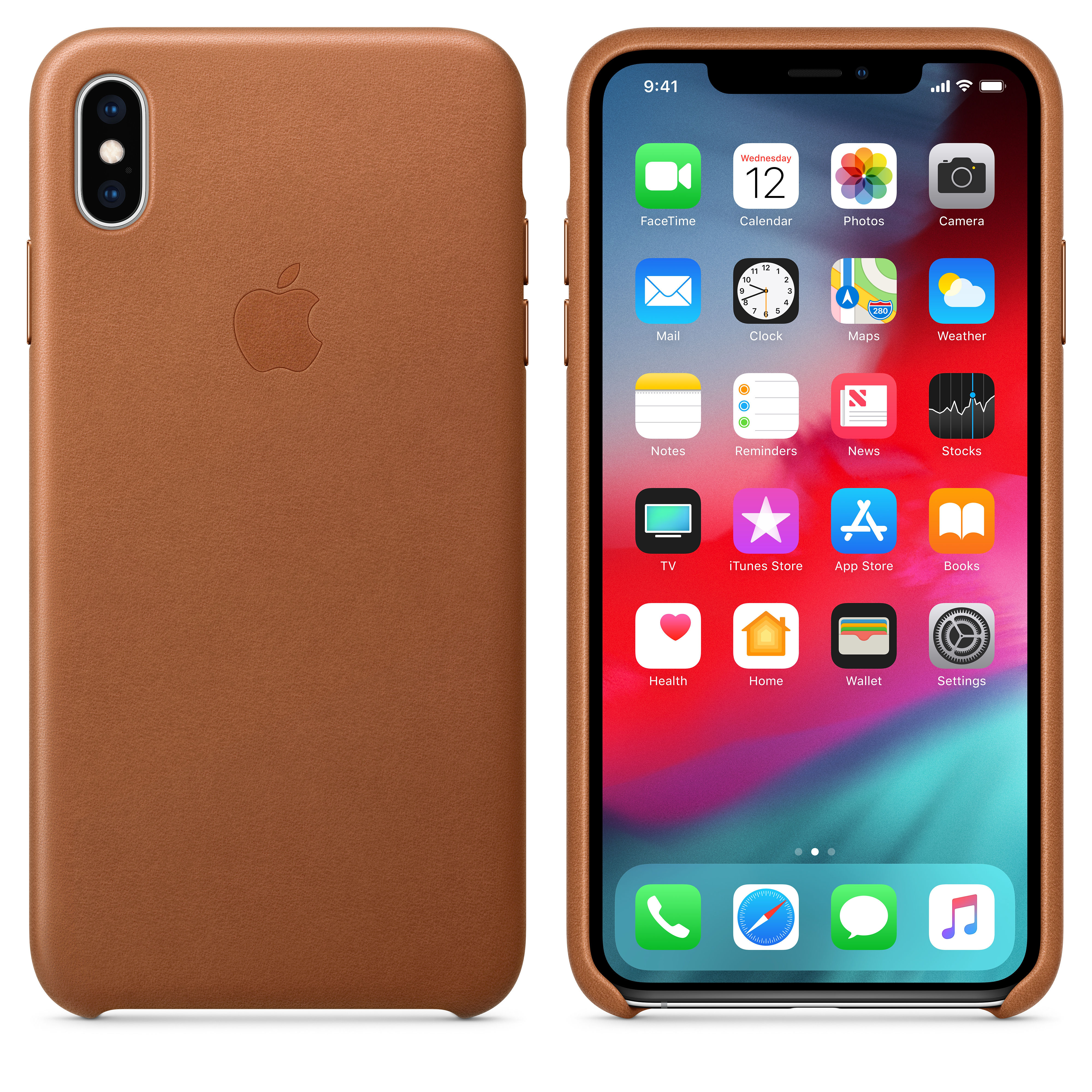 A brown leather iPhone case, with the phone showing a home screen.