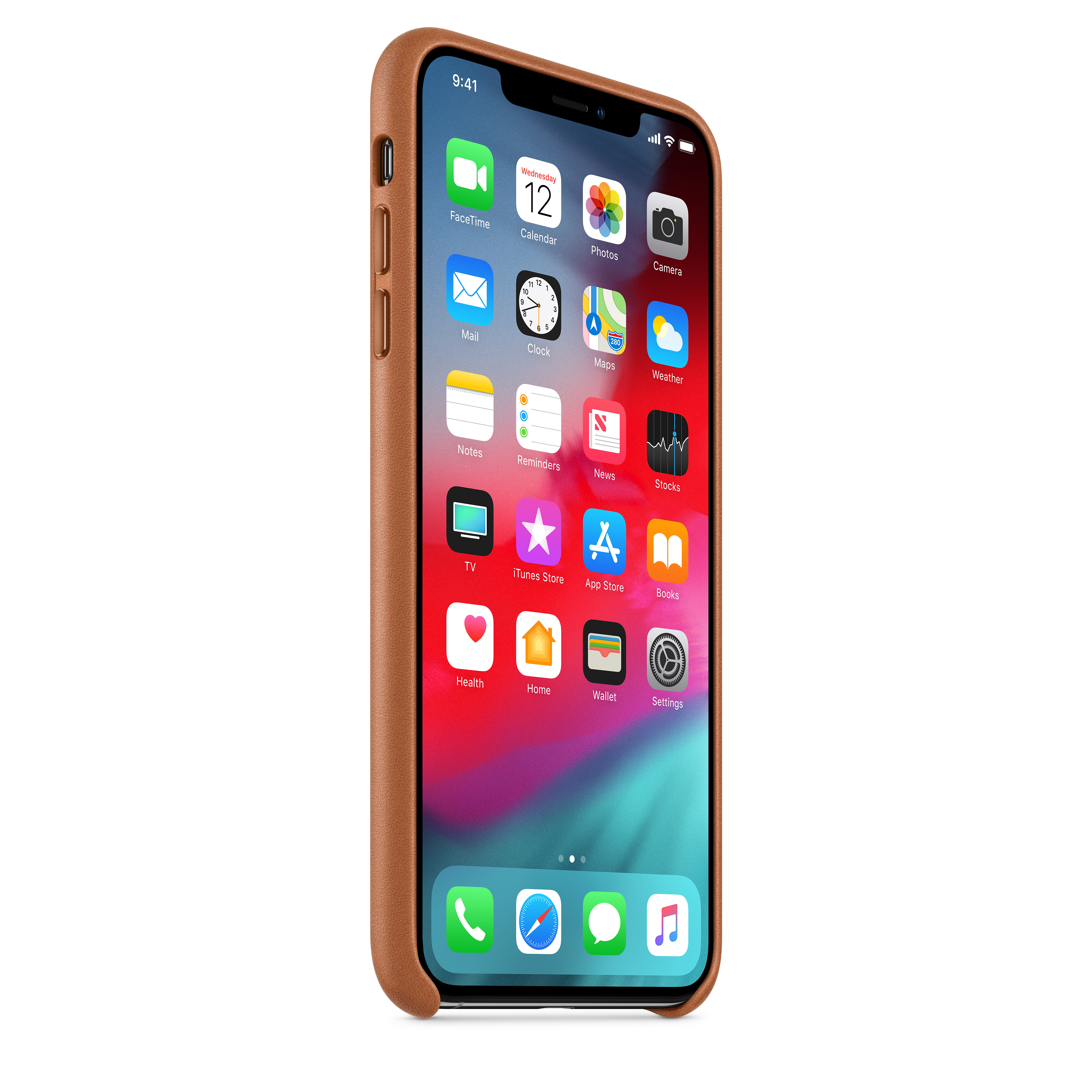 iPhone with brown case. Home screen showing apps. Calendar displays Wednesday, 12.