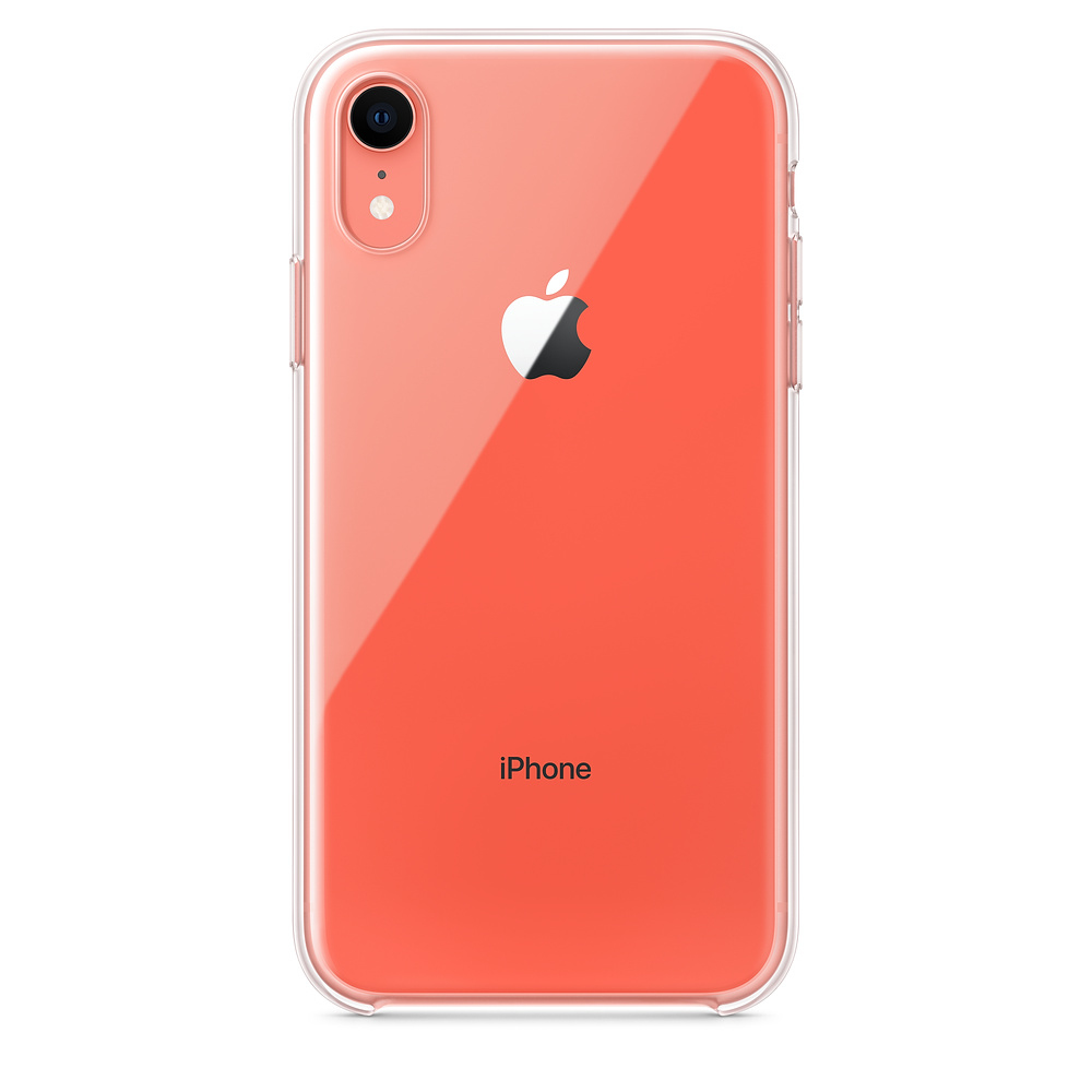 Coral iPhone with a transparent case. Apple logo is on the back.