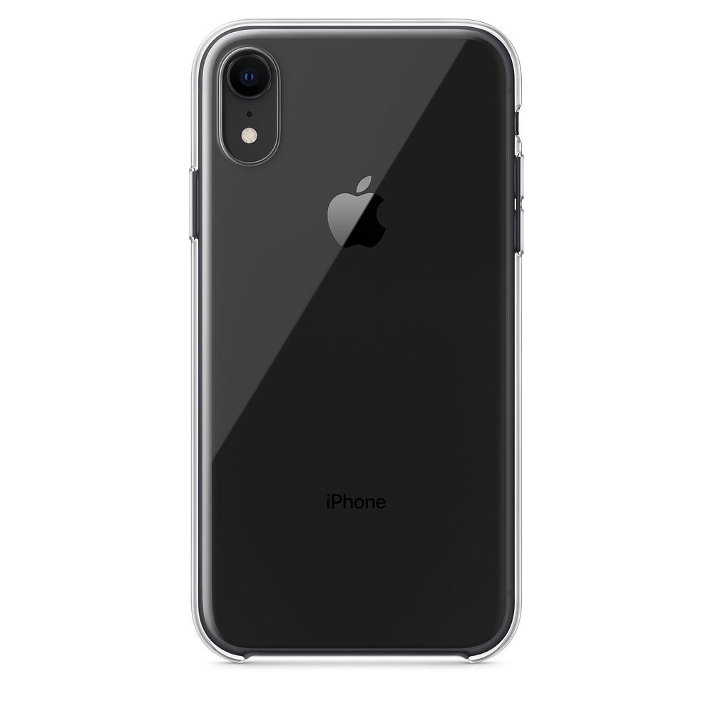 An iPhone in a transparent case, showing the phone's back with the Apple logo.