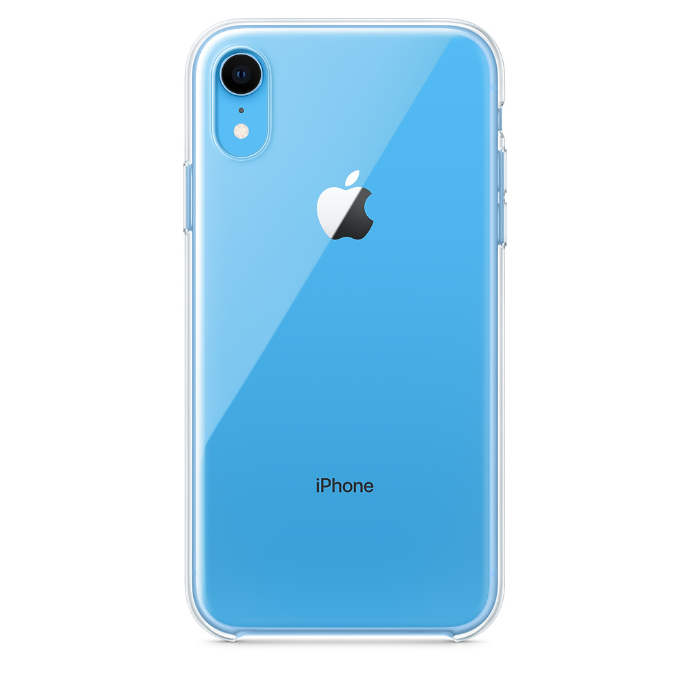 Blue iPhone XR inside a clear case. The Apple logo and 'iPhone' are visible.
