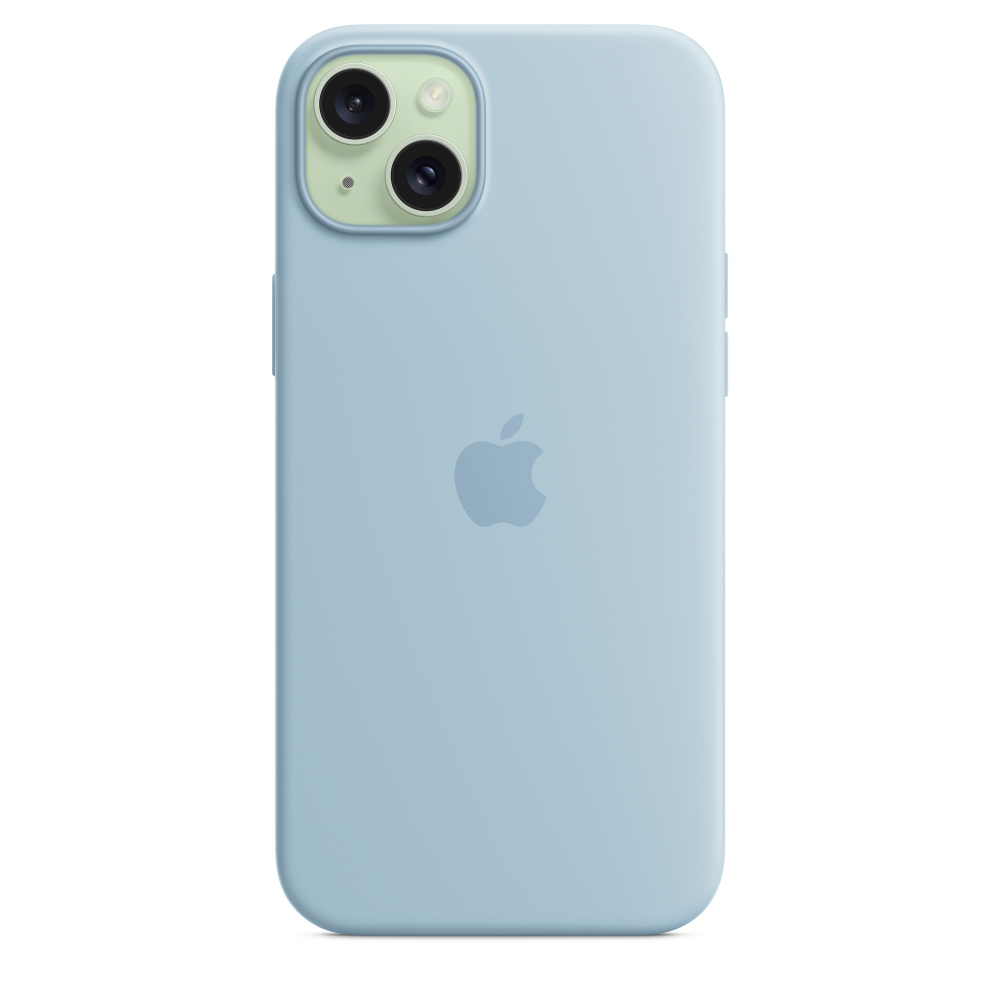 Lichtblauwe iPhone met lichtgroene cameralenzen, Apple-logo op de achterkant.