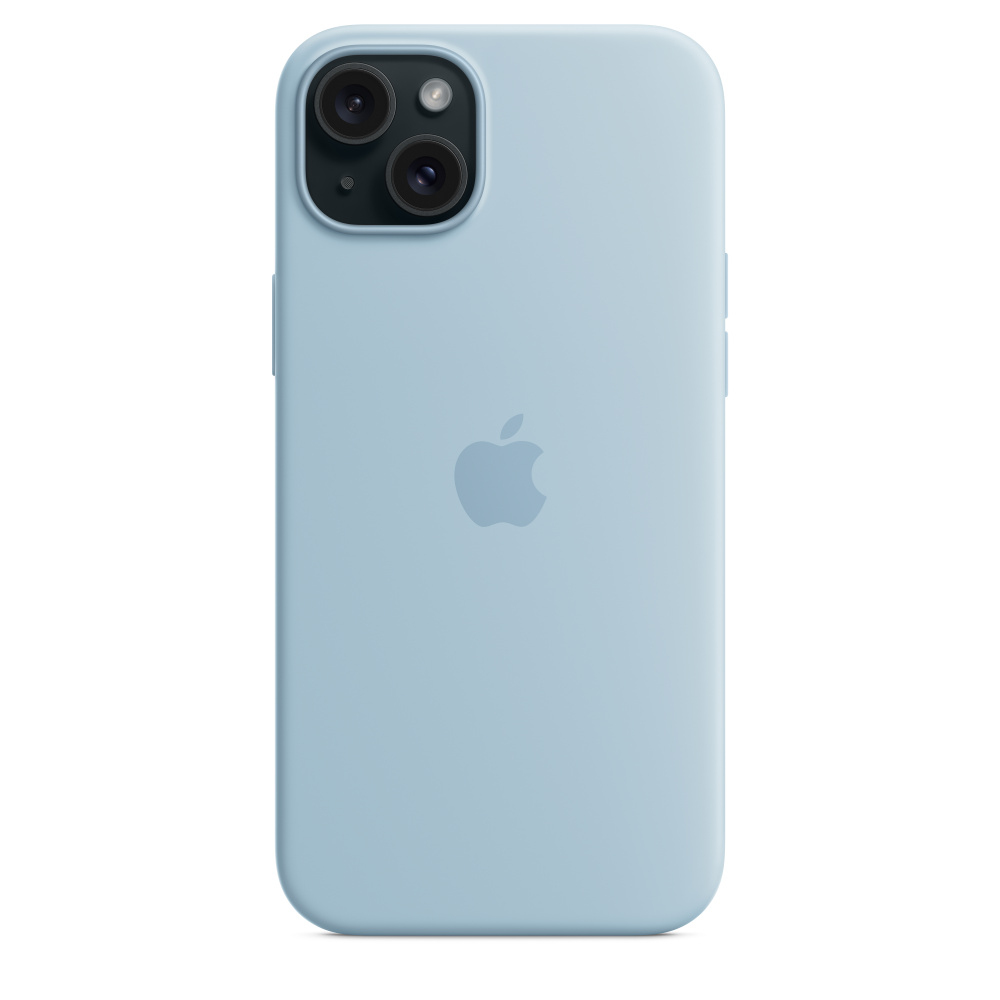 Lichtblauwe telefoonhoes met Apple-logo op de achterkant.