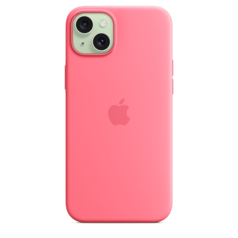 Roze iPhone-hoesje met groene cameramodule en Apple-logo, op witte achtergrond.