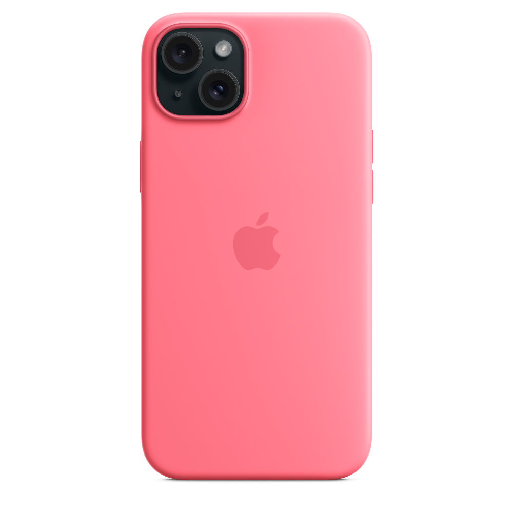 Roze telefoonhoesje met Apple-logo en twee camera's. De hoes zit op de telefoon.