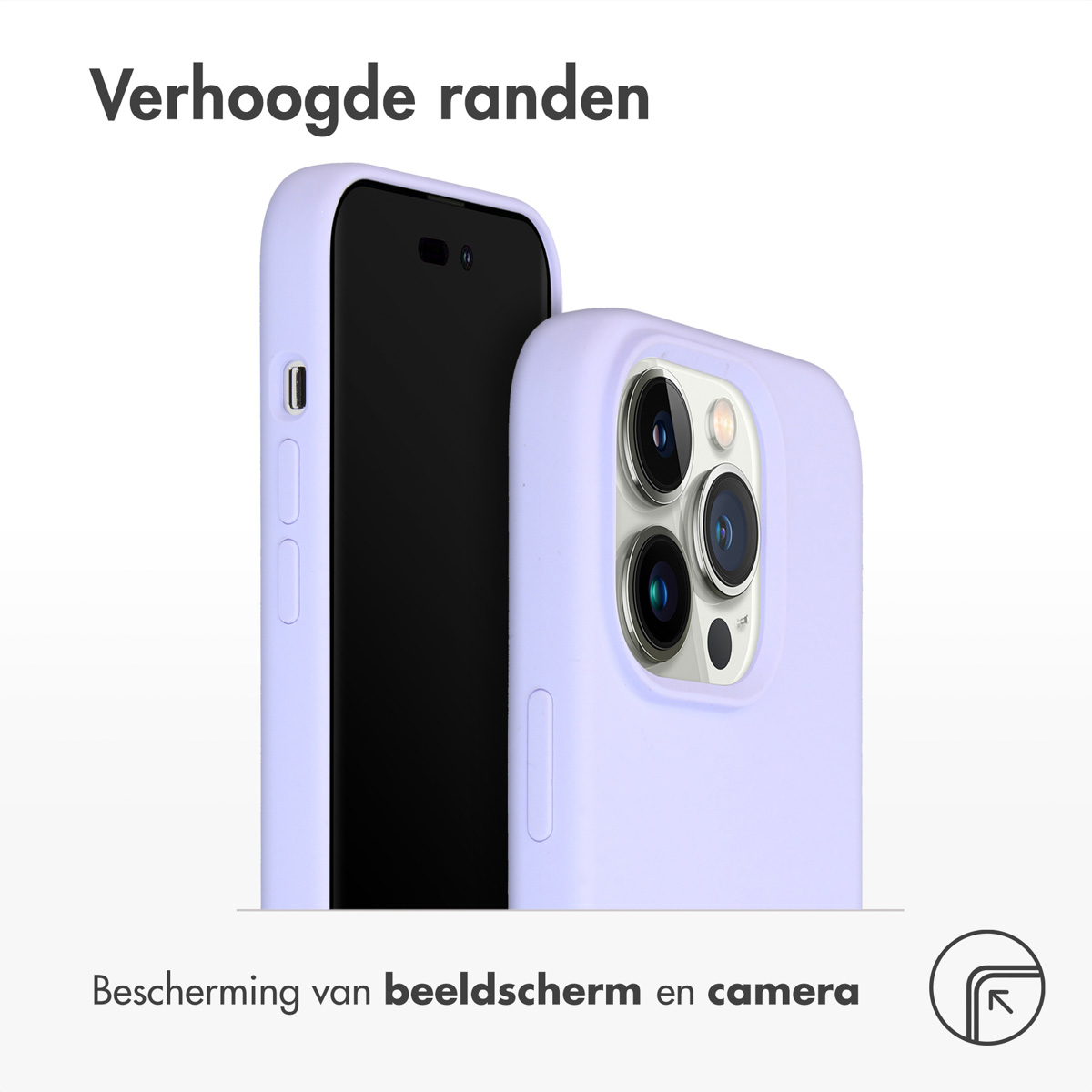 Een telefoon in een paarse hoes. De hoes heeft verhoogde randen.