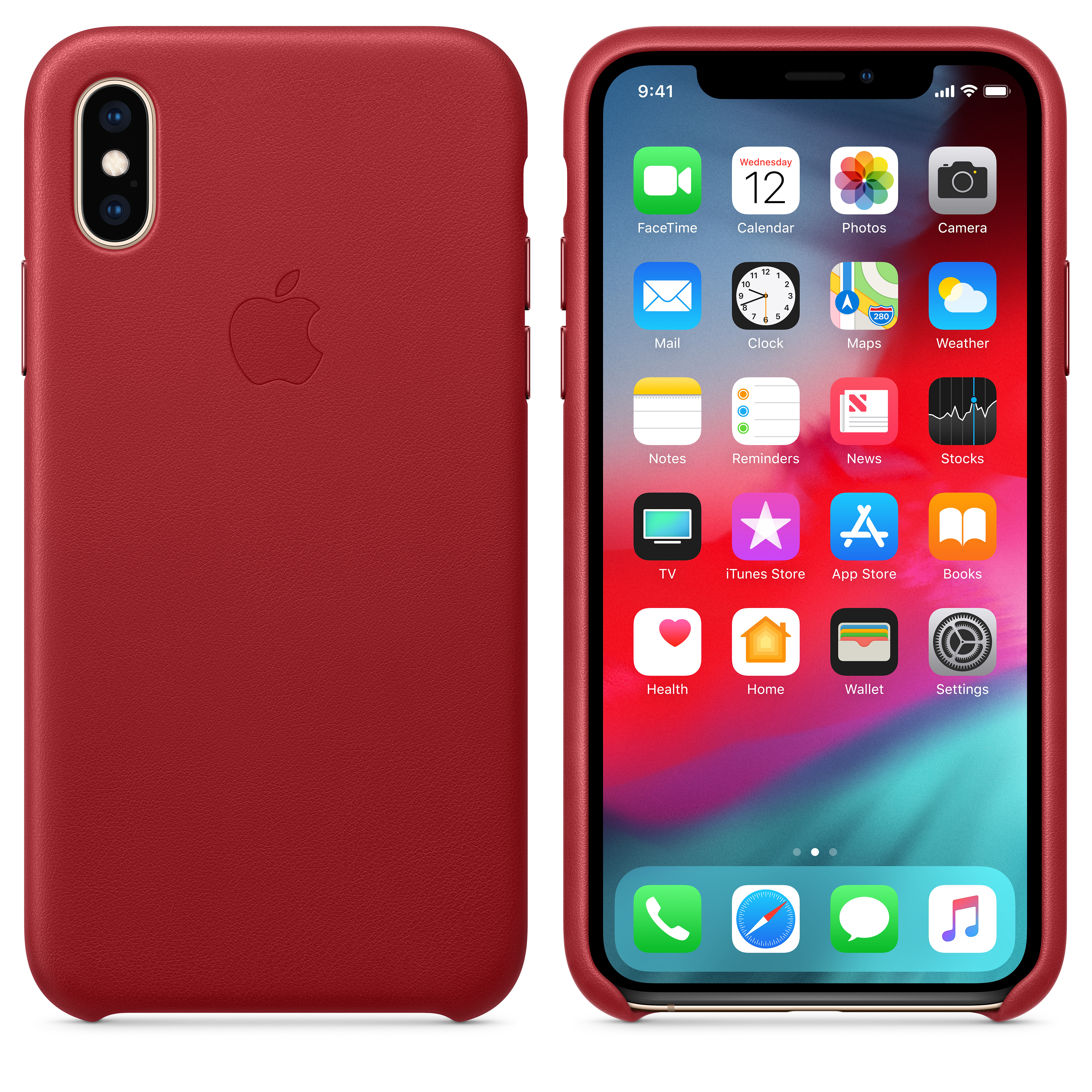 Rotes iPhone mit Apps. Rotes Gehäuse. Verschwommener Hintergrund.