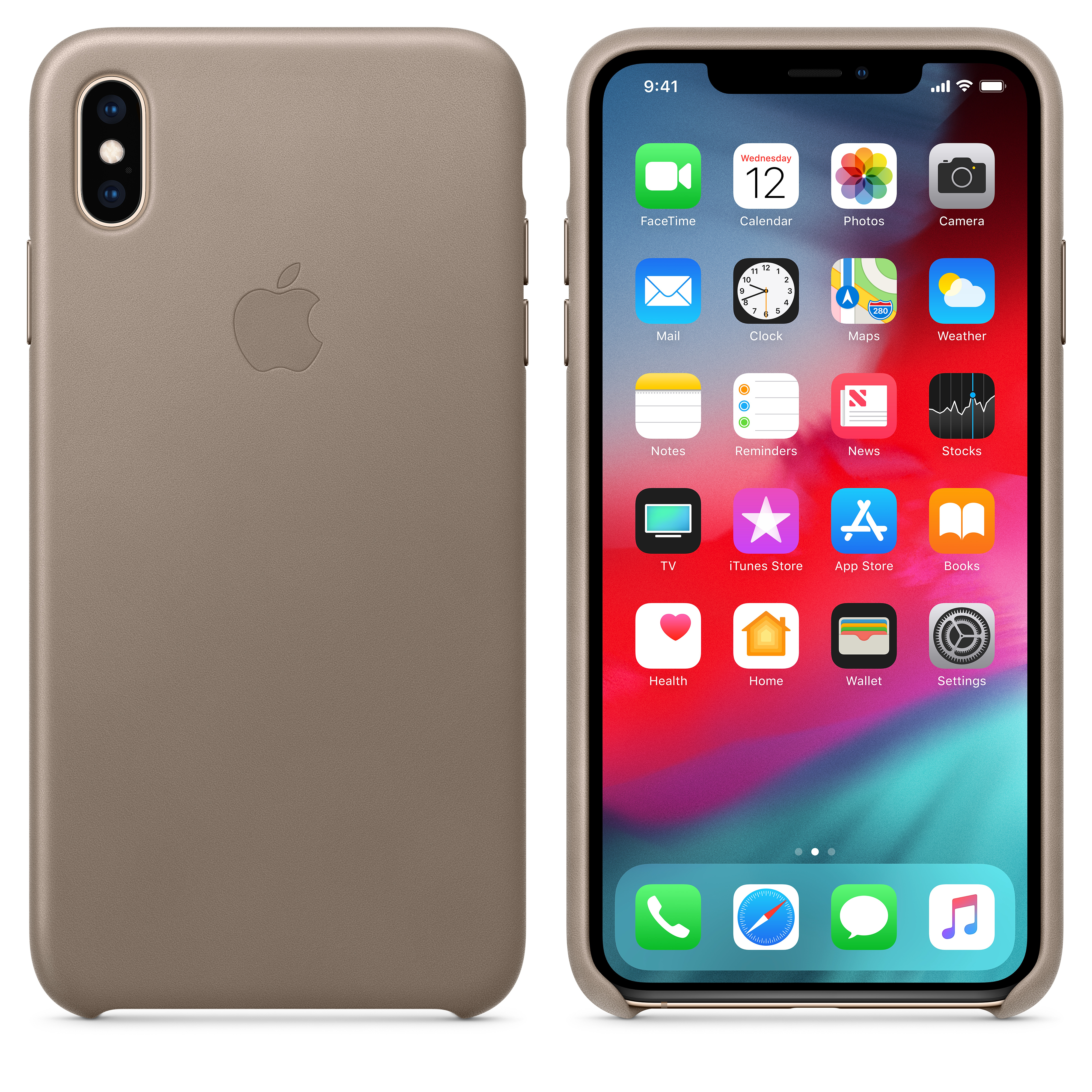 An iPhone case in light brown is shown, with the phone on the right displaying the home screen.