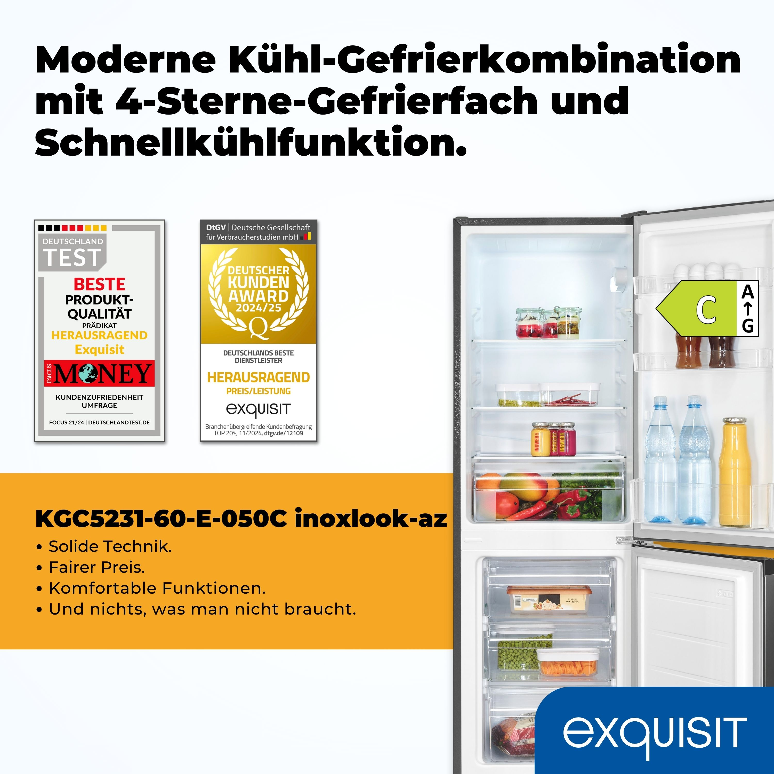 Kühlschrank mit offener Tür, zeigt Regale mit Lebensmitteln und Text über Funktionen und Auszeichnungen.