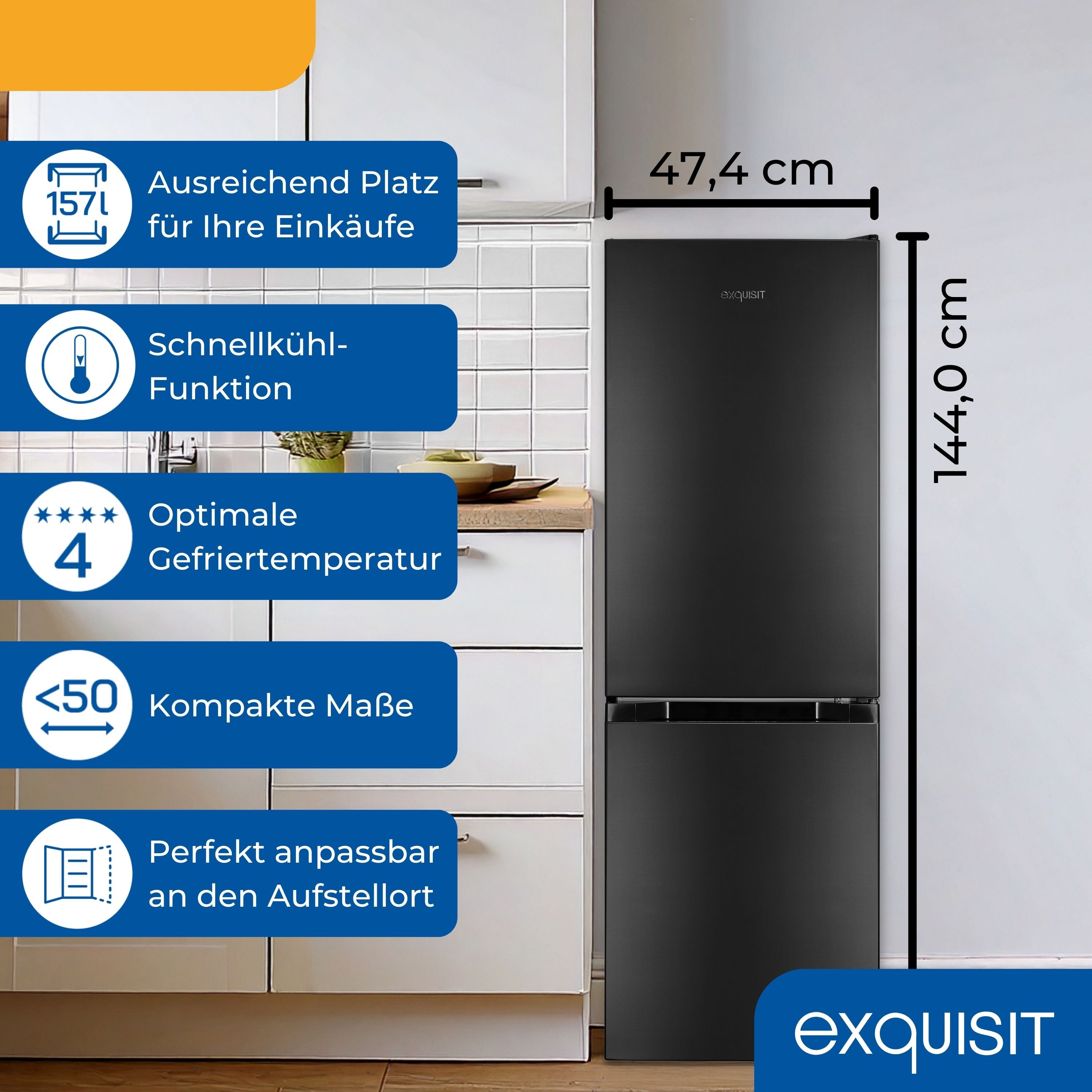 Schwarzer Kühlschrank mit Textbeschriftungen: Lagerung, Schnellkühlung, optimales Gefrieren und einstellbare Höhe.