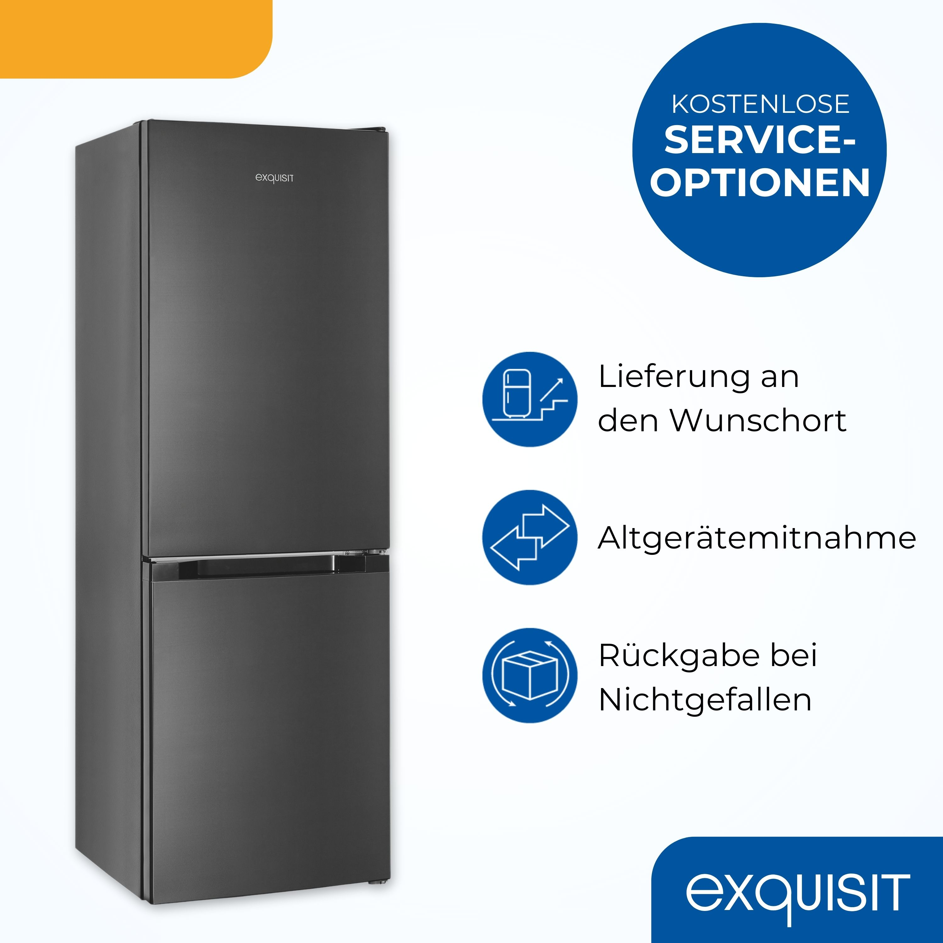 Ein dunkelgrauer Kühlschrank mit unterem Gefrierfach auf weißem Untergrund.