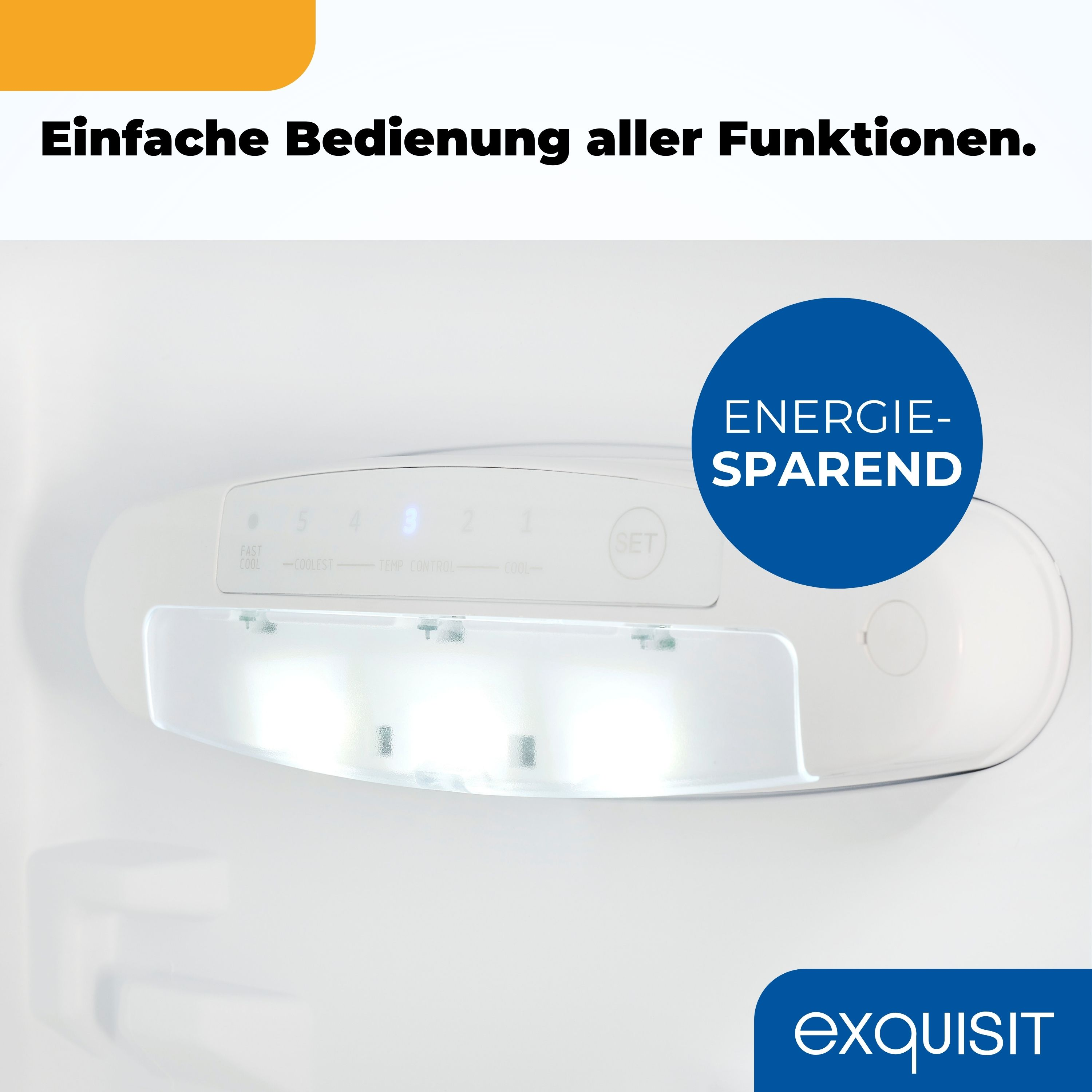 Ein weißes Kühlschrank-Bedienfeld mit Lichtern und Knöpfen und dem Wort 'exquisit' unten.