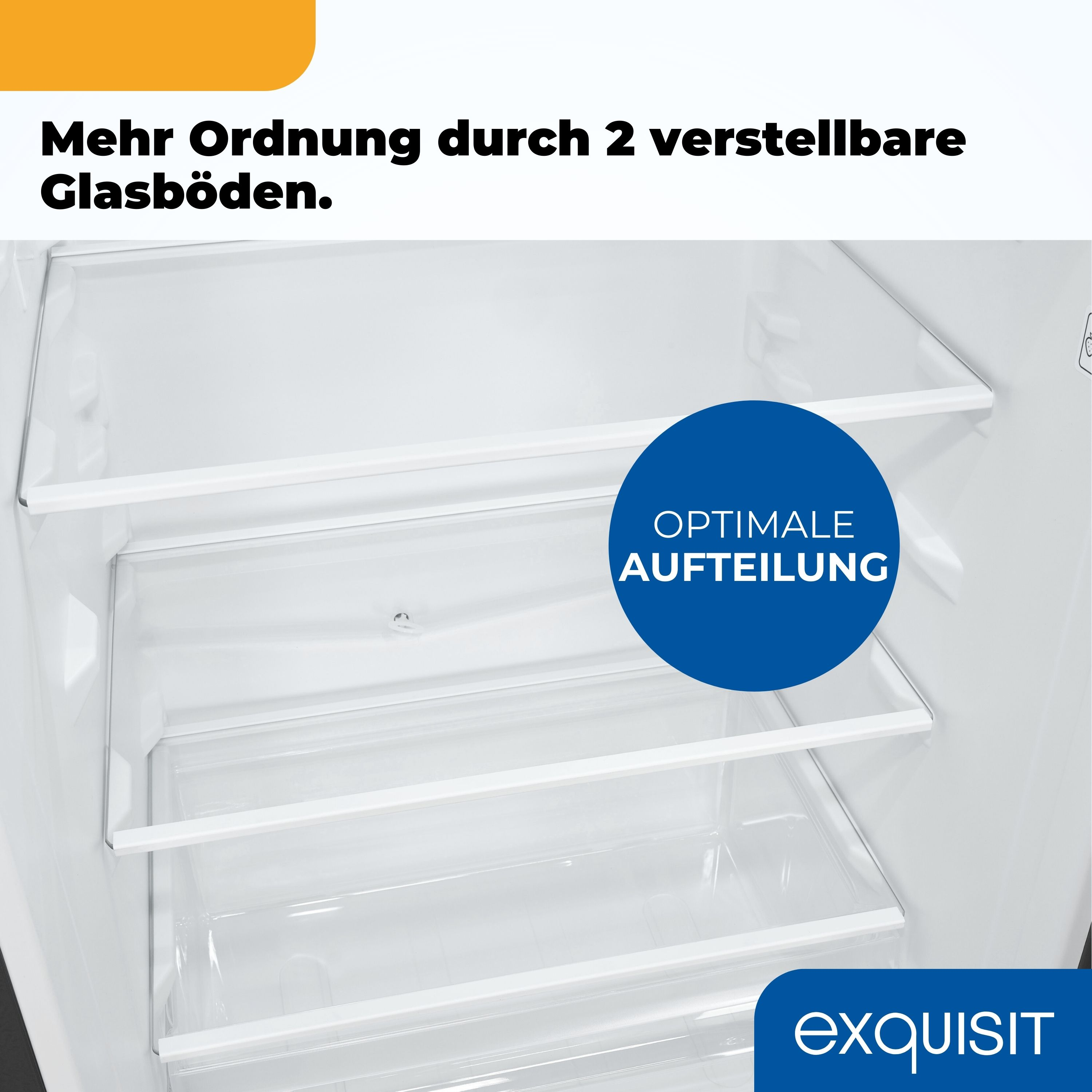 Kühlschrankinnenraum mit Regalen. Text sagt 'Optimale Aufteilung'. Klare Kunststoffregale sind sichtbar.