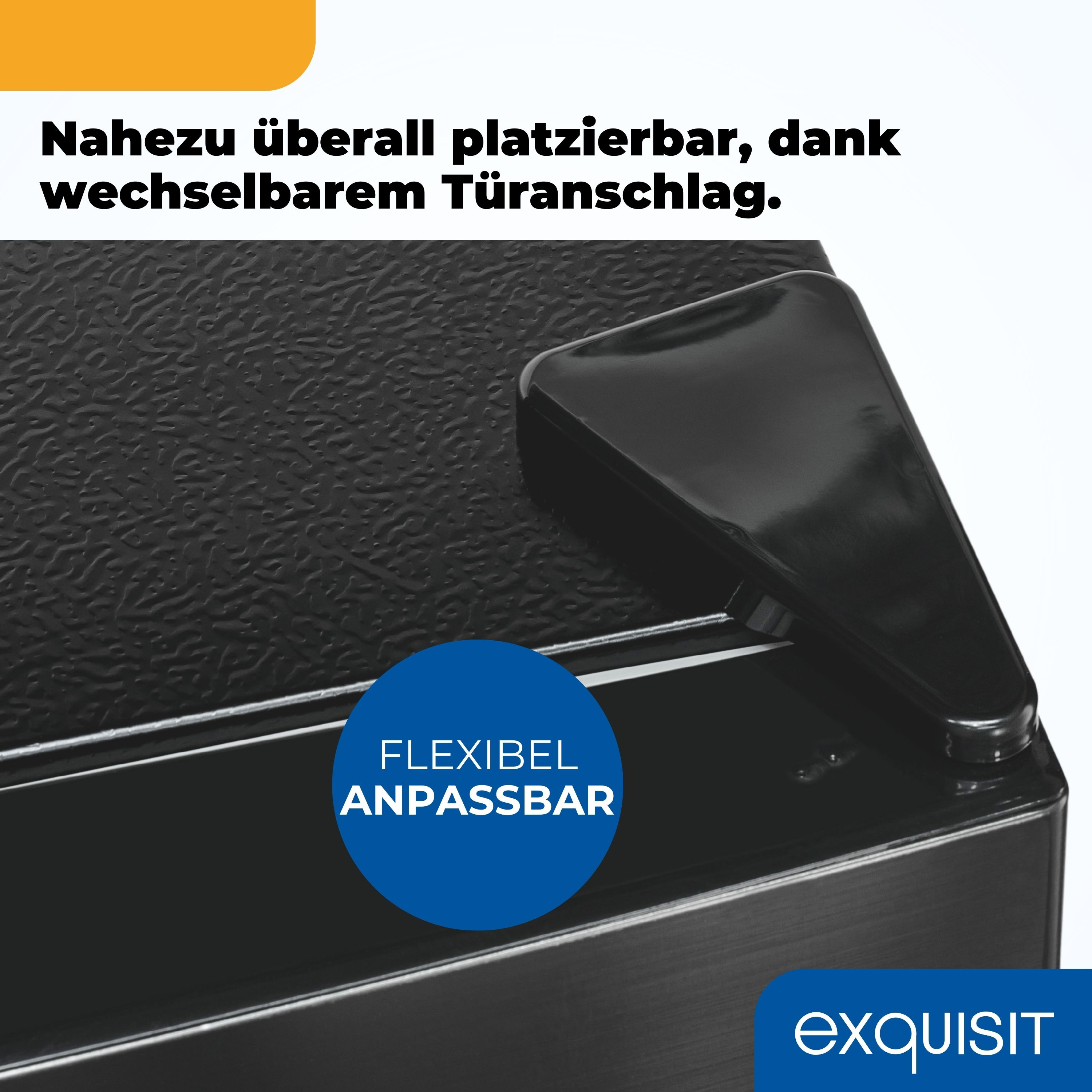 Nahaufnahme eines schwarzen Geräts mit schwarzer Tür und Text: Flexibel Anpassbar.