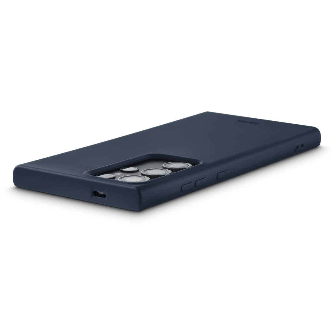 Coque de téléphone bleu marine. Arrière du téléphone avec l'appareil photo. Fond blanc.