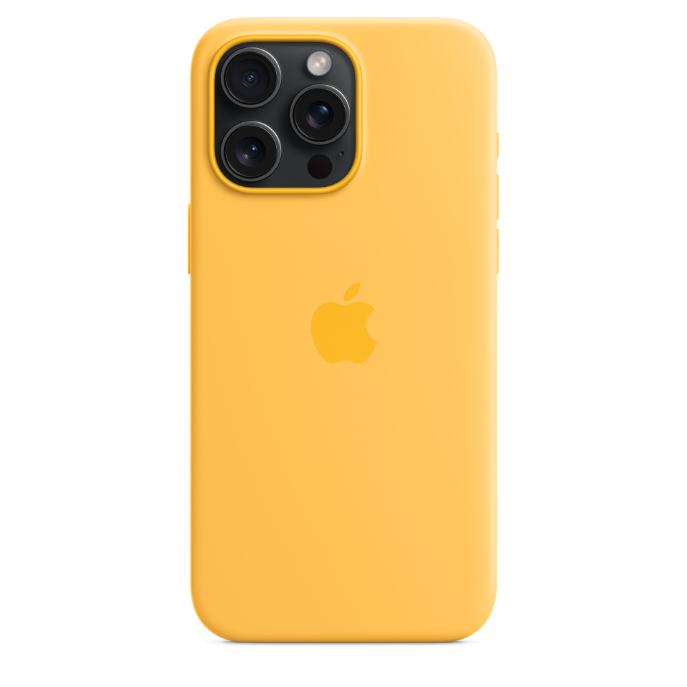 Yellow iPhone case with black camera module and apple logo, white background.