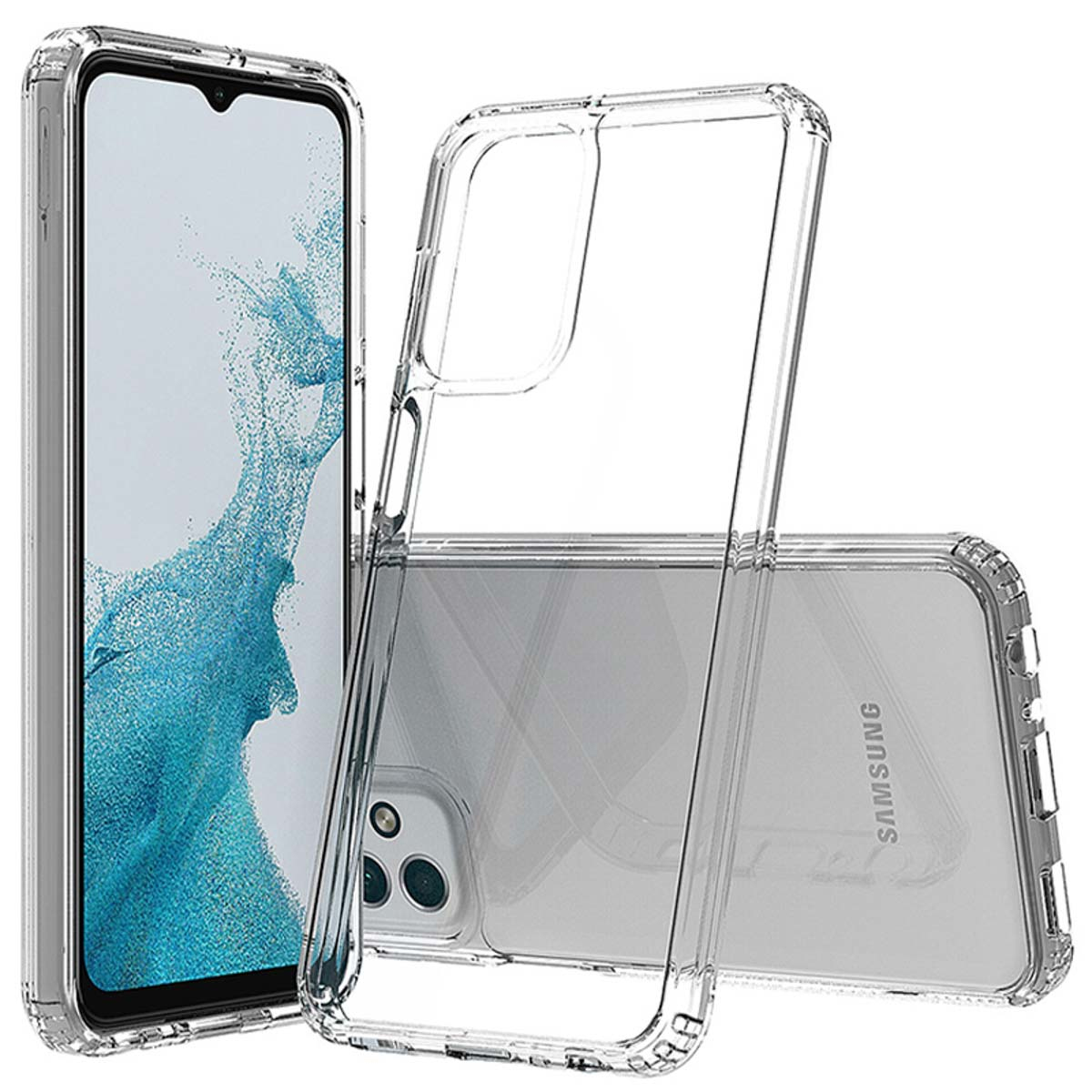 Un téléphone à l'intérieur d'une coque transparente sur fond blanc.