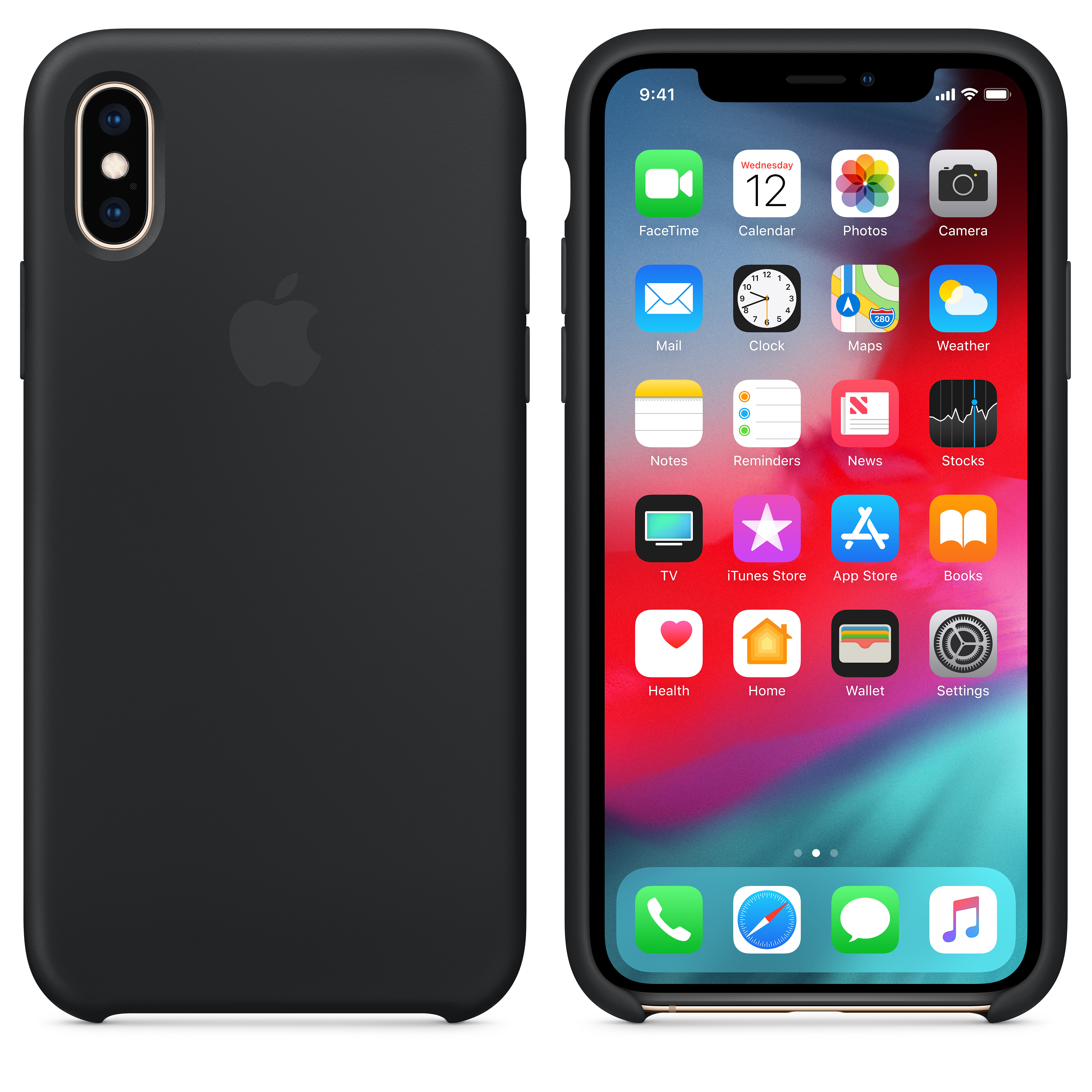 Schwarzes Telefon mit Apps auf dem Bildschirm und schwarzem Gehäuse. Weißer Hintergrund.
