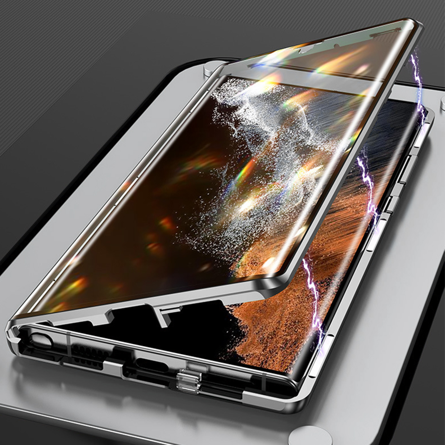Telefon z otwartym etui magnetycznym, pokazujący ekran i tył.