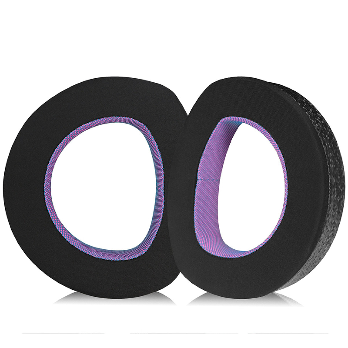 Due cuscinetti auricolari neri con interno viola, isolati su sfondo bianco.