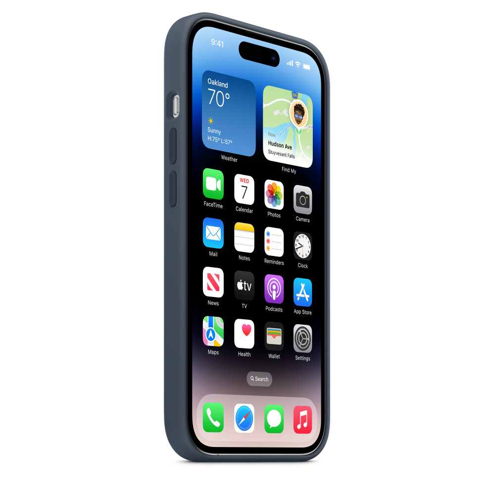 Telefono in una custodia blu scuro, che mostra la schermata iniziale con le icone delle app.