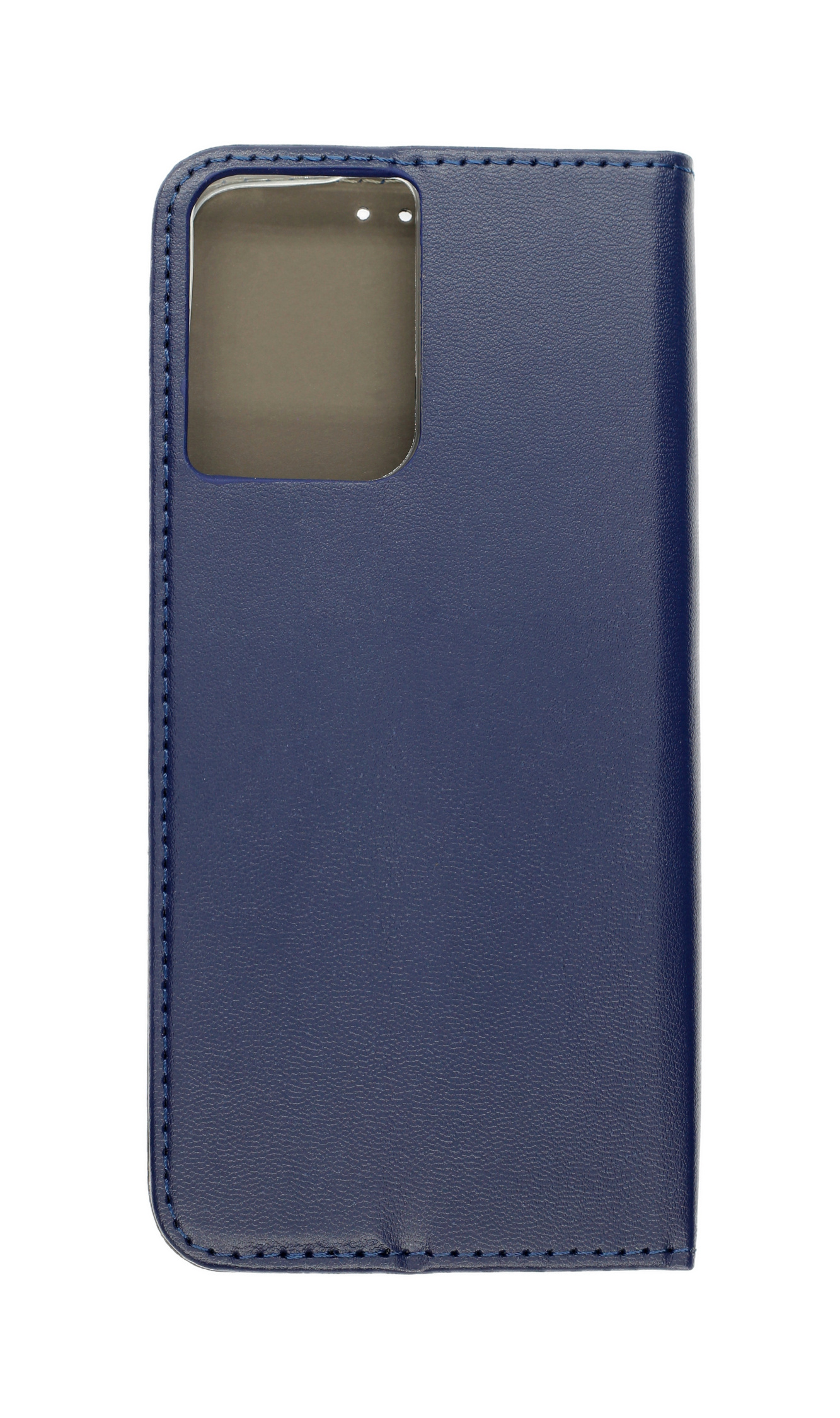 Eine dunkelblaue Handyhülle mit Kameraaussparung. Es ist geschlossen. Das Apple-Logo ist nicht sichtbar.