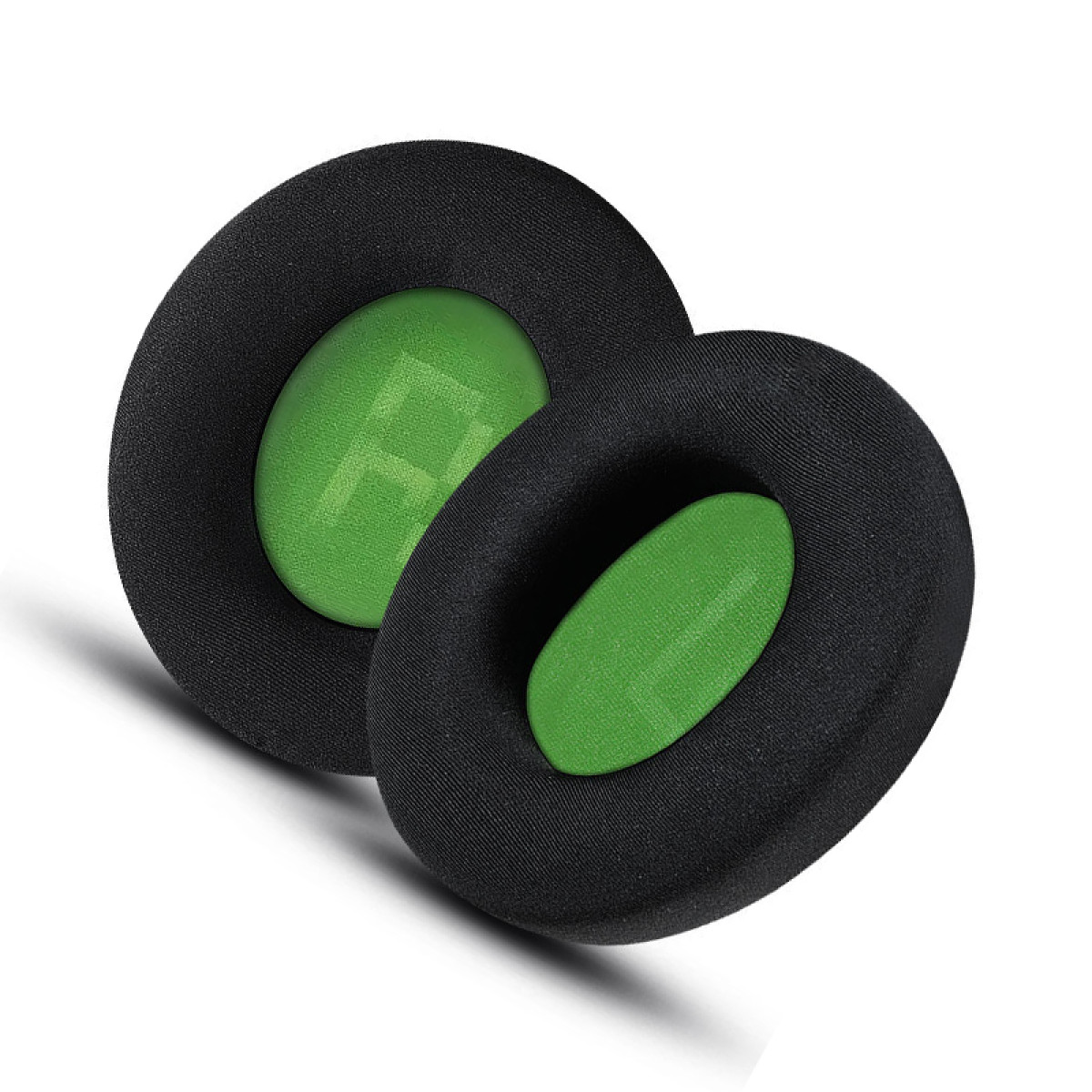 Due cuscinetti auricolari neri e verdi per cuffie. Rete verde all'interno dei cuscinetti.