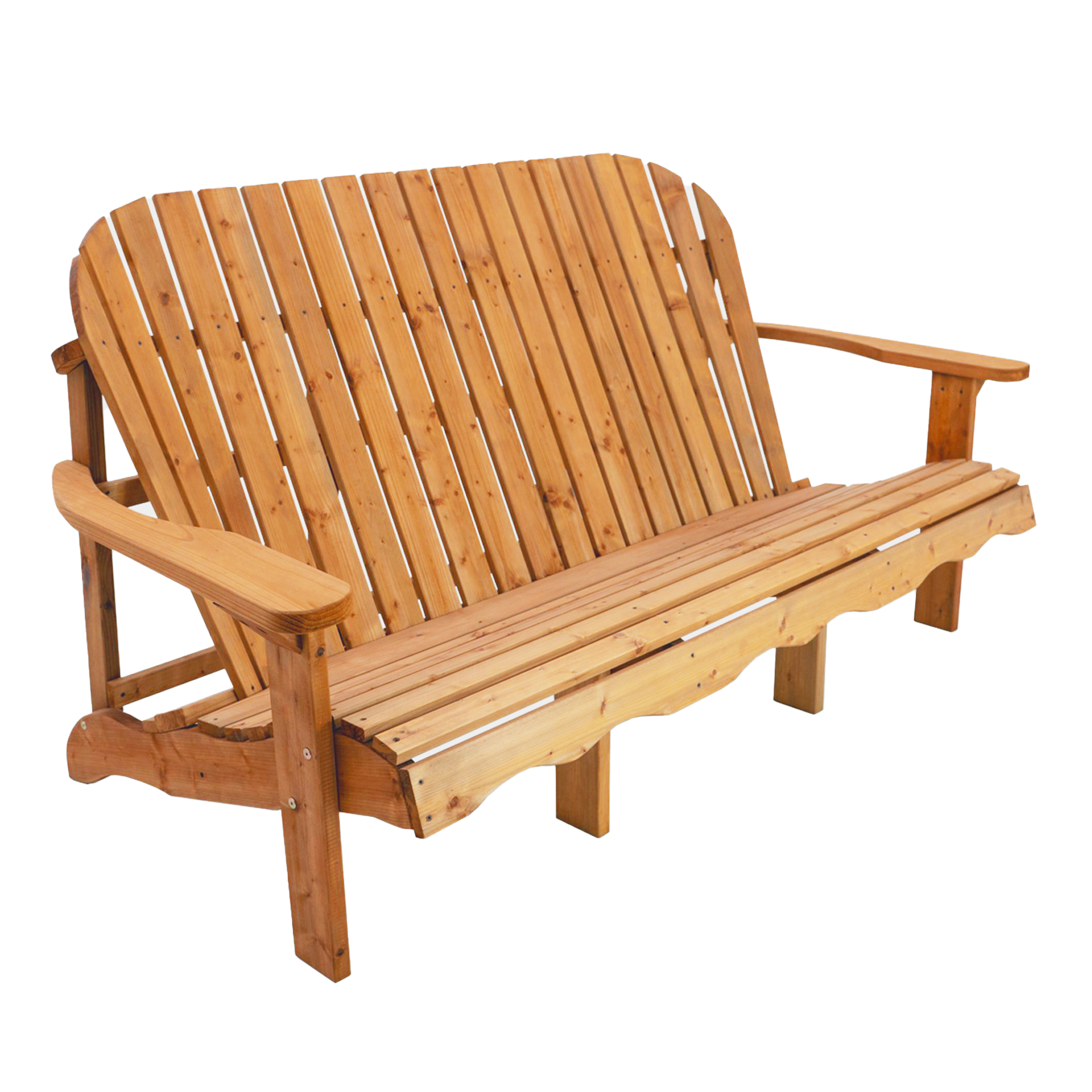 Holzbank für draußen mit Lattenrücken und Sitzfläche, mit Armlehnen. Isoliert auf Weiß.
