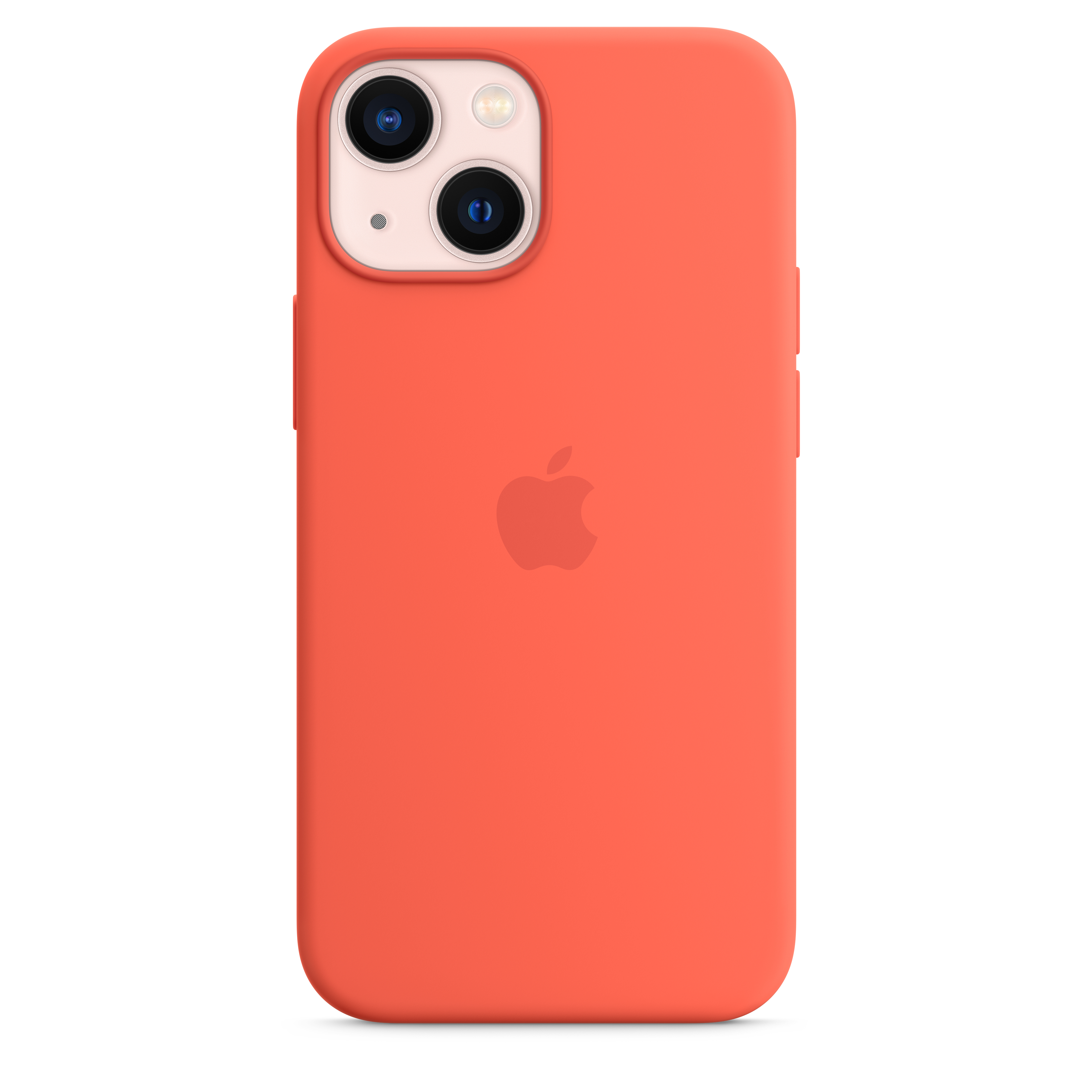 Korallenfarbene Handyhülle mit Apple-Logo auf der Rückseite, zwei Kameraobjektive oben.