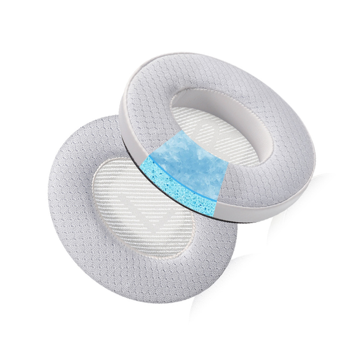 Due cuscinetti per auricolari bianchi e grigi con uno strato interno blu e bianco.