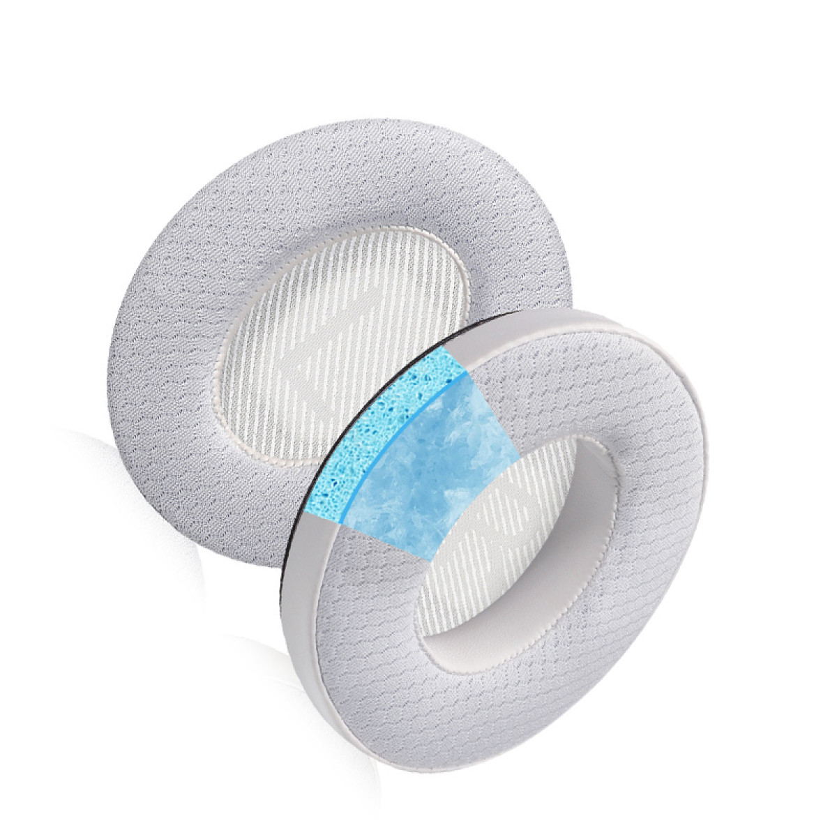 Cuscinetti per auricolari, uno con una sezione trasversale che mostra la schiuma e uno strato blu.