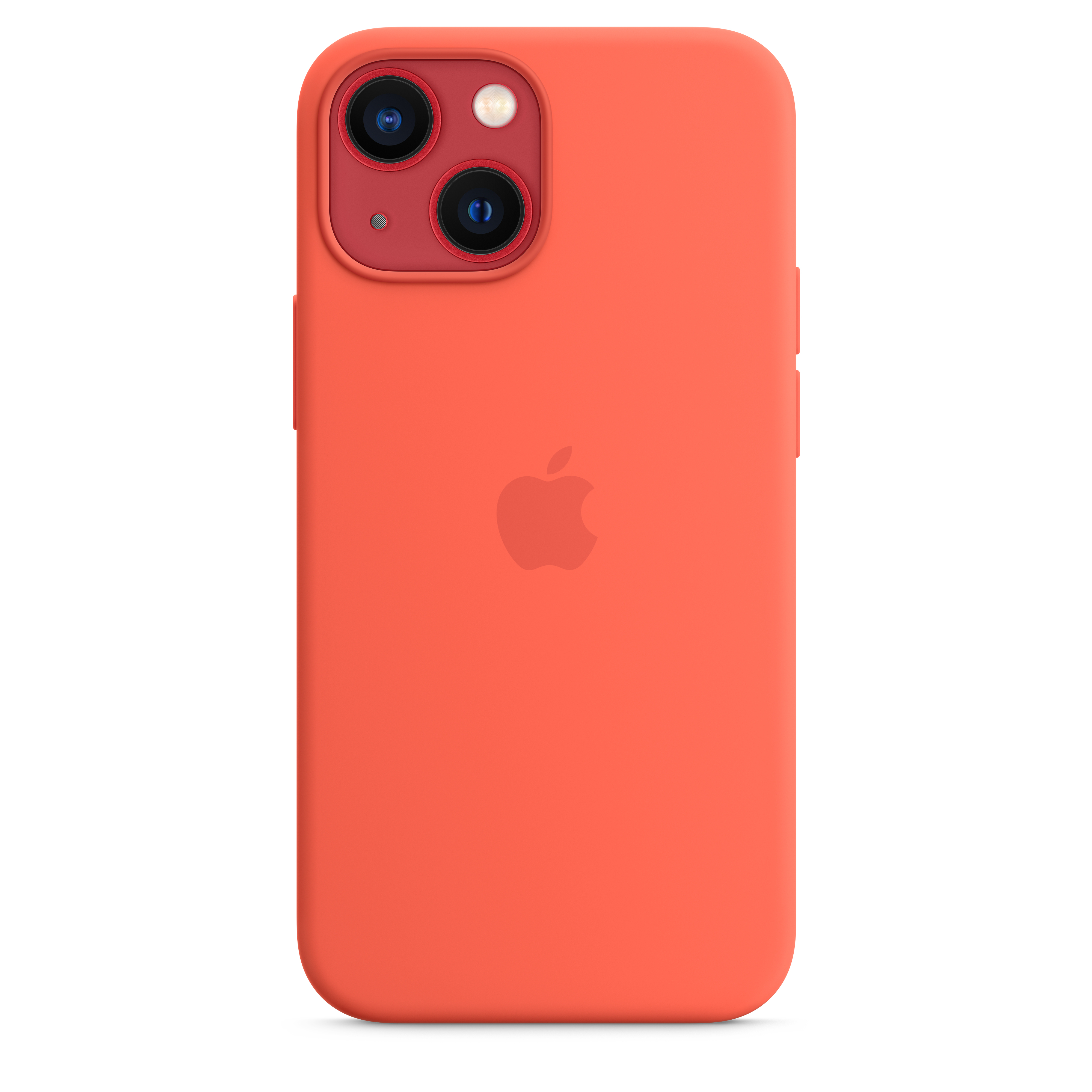 Eine orangefarbene iPhone-Hülle mit zwei roten Kameras und dem Apple-Logo auf weißem Hintergrund.
