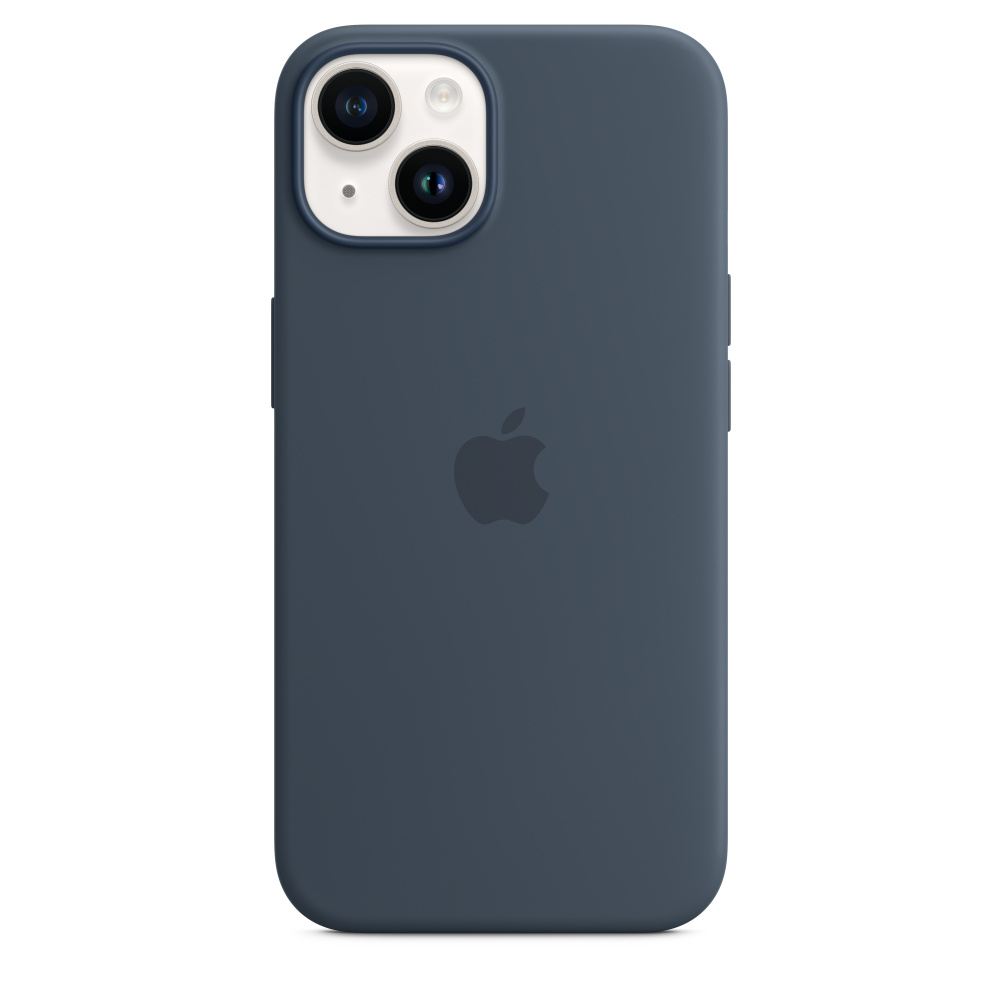 Coque iPhone bleu foncé avec logo Apple, objectifs d'appareil photo, isolé sur blanc.