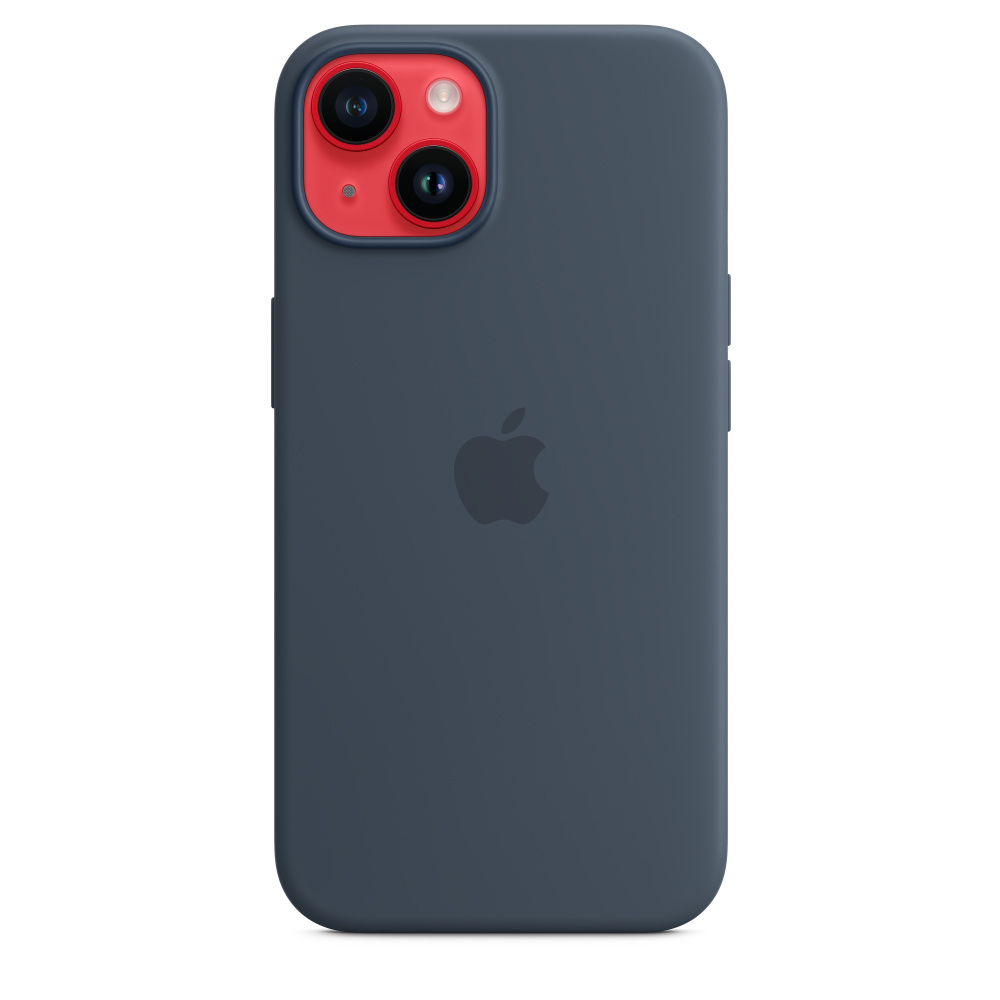 Coque bleu marine avec lentilles de caméra rouges et logo Apple.