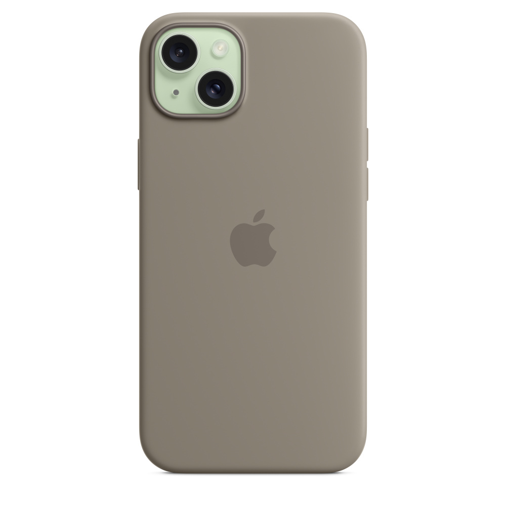 Etui na iPhone'a w kolorze taupe z logo Apple i modułem aparatu na białym tle.