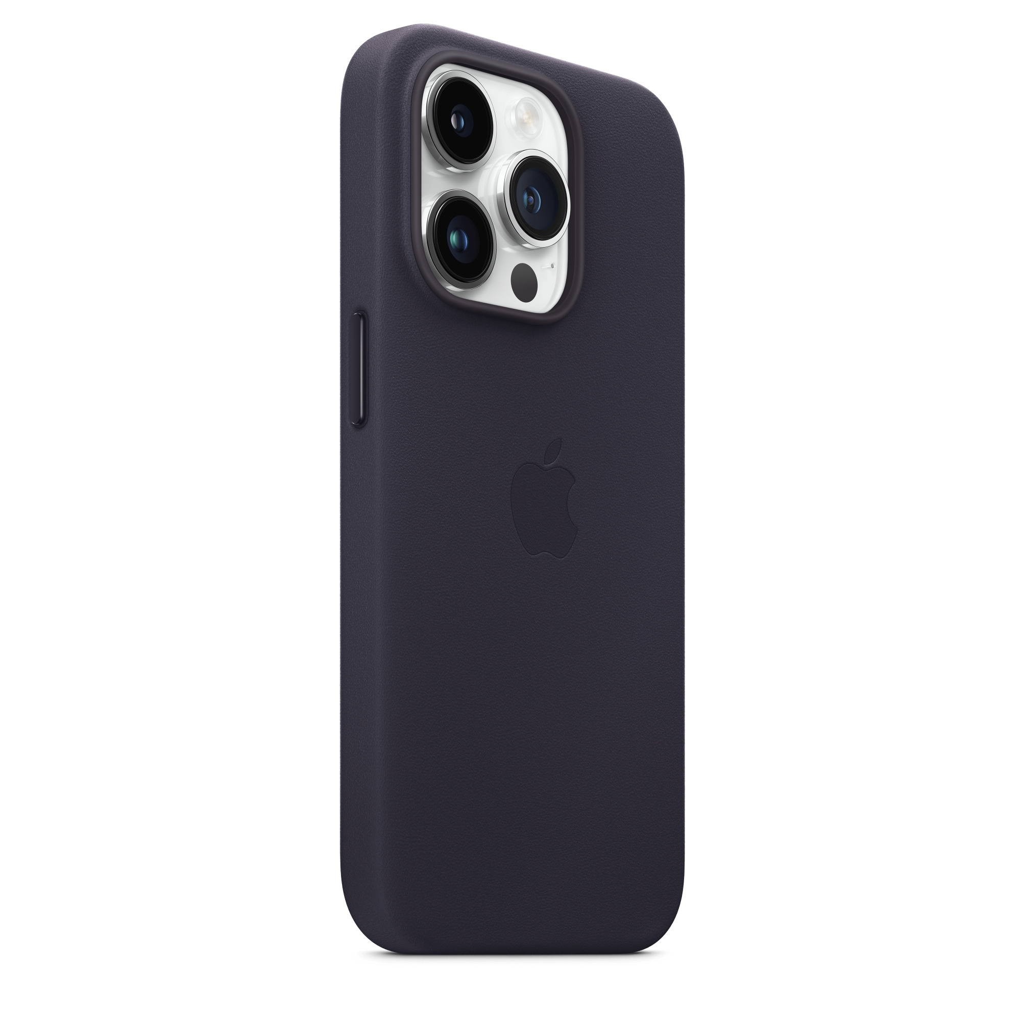 Een donkerblauwe iPhone-hoes met het Apple-logo en drie cameralenzen.