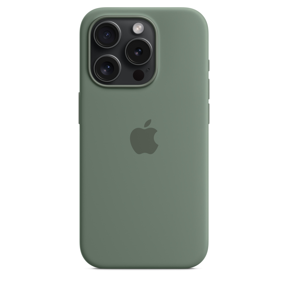 Green iPhone case with three camera lenses and an Apple logo on a white background.