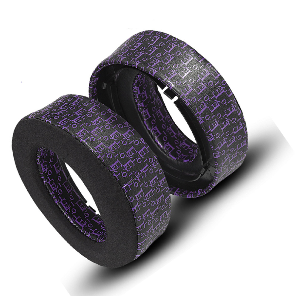 Due cuscinetti per auricolari neri e viola, con motivo a testo viola.