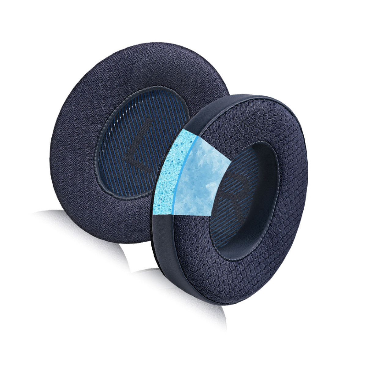 Cuscinetti auricolari per cuffie, tagliati per mostrare gli strati interni, blu scuro e chiaro.