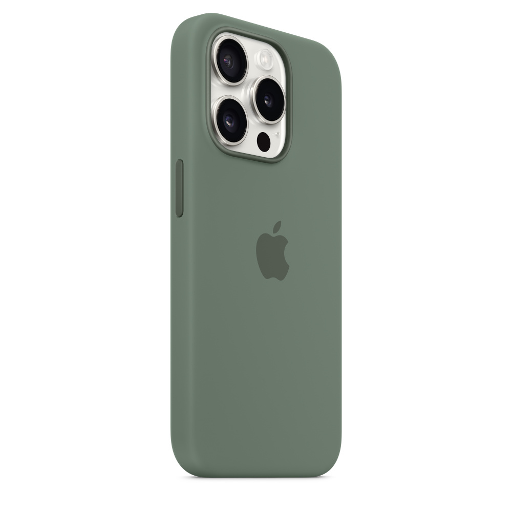 Green phone case with Apple logo, showing camera and side buttons.