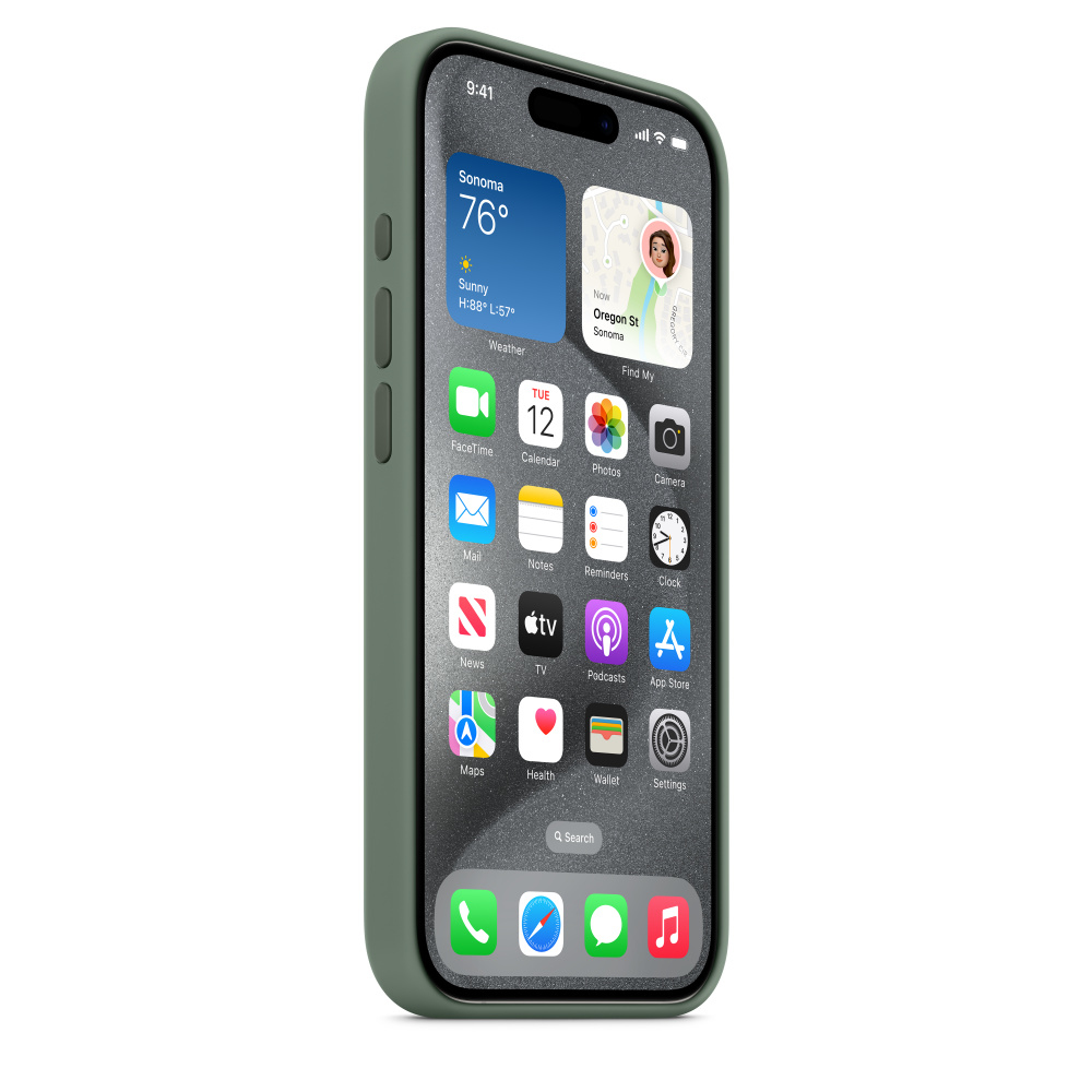 Green iPhone case with phone showing app icons and the weather widget.