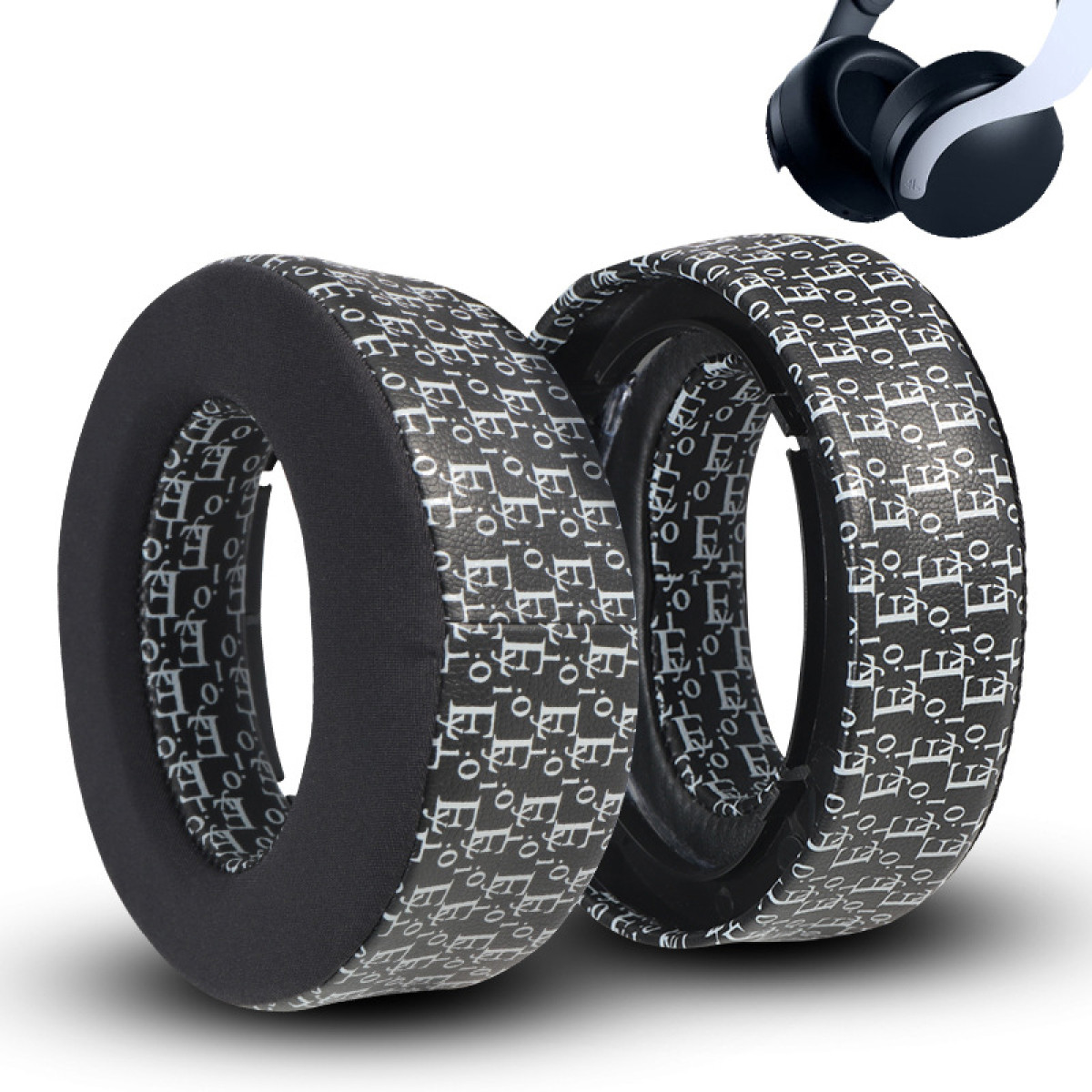 Due cuscinetti auricolari con motivo bianco e nero per cuffie.