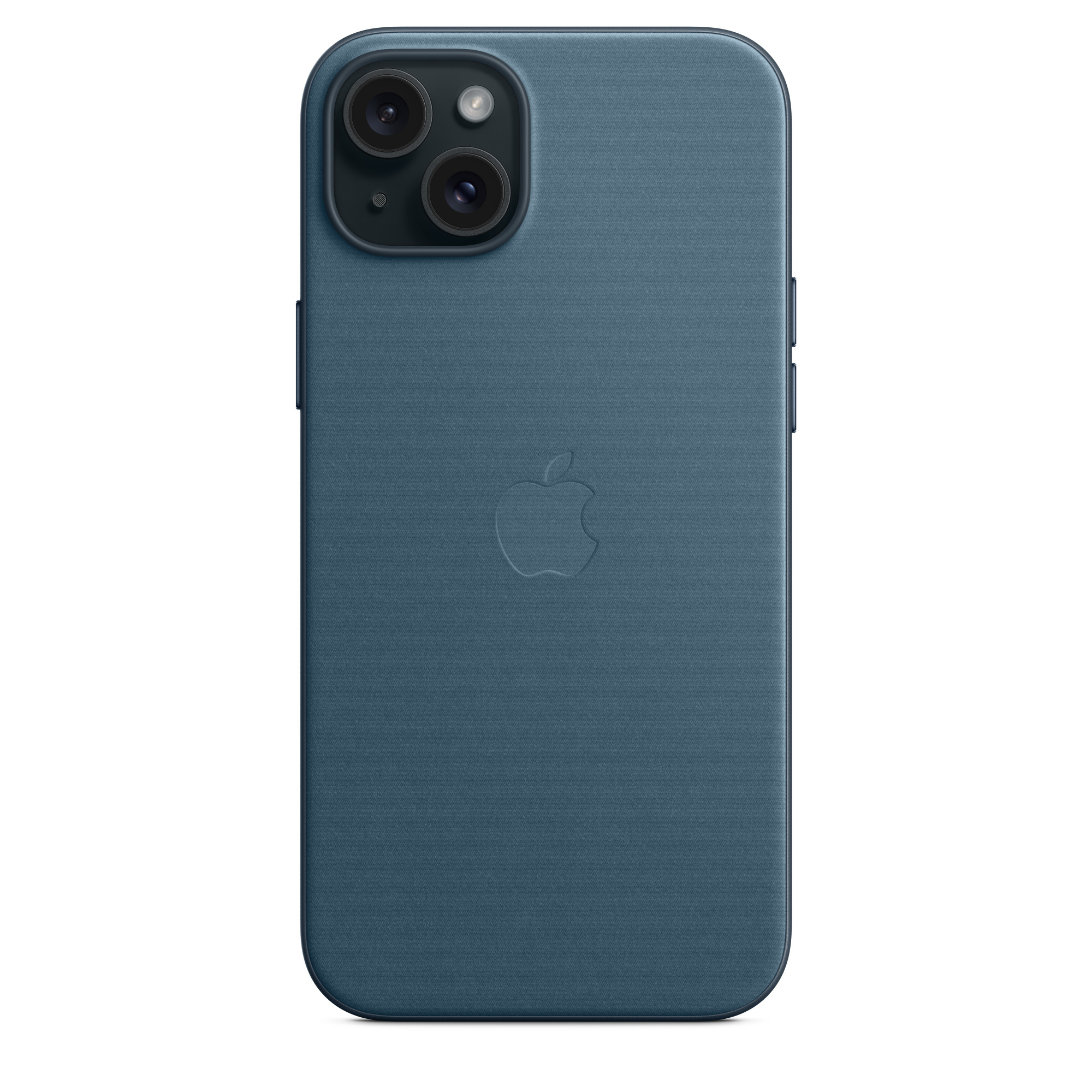 Blauwe telefoonhoes met Apple logo en camera. Een telefoonhoes met donkerblauwe kleur.
