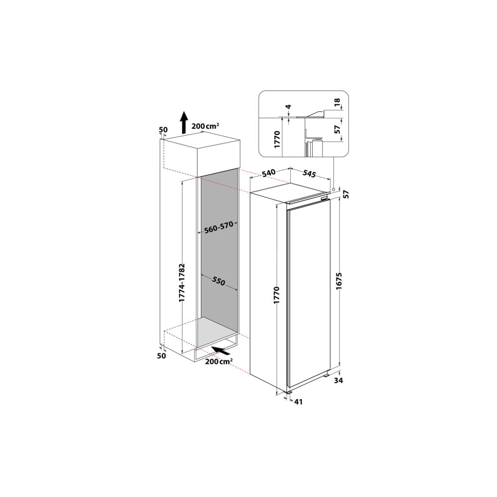 Un diagramma che mostra le dimensioni del frigorifero con misurazioni ed etichette in un disegno tecnico.