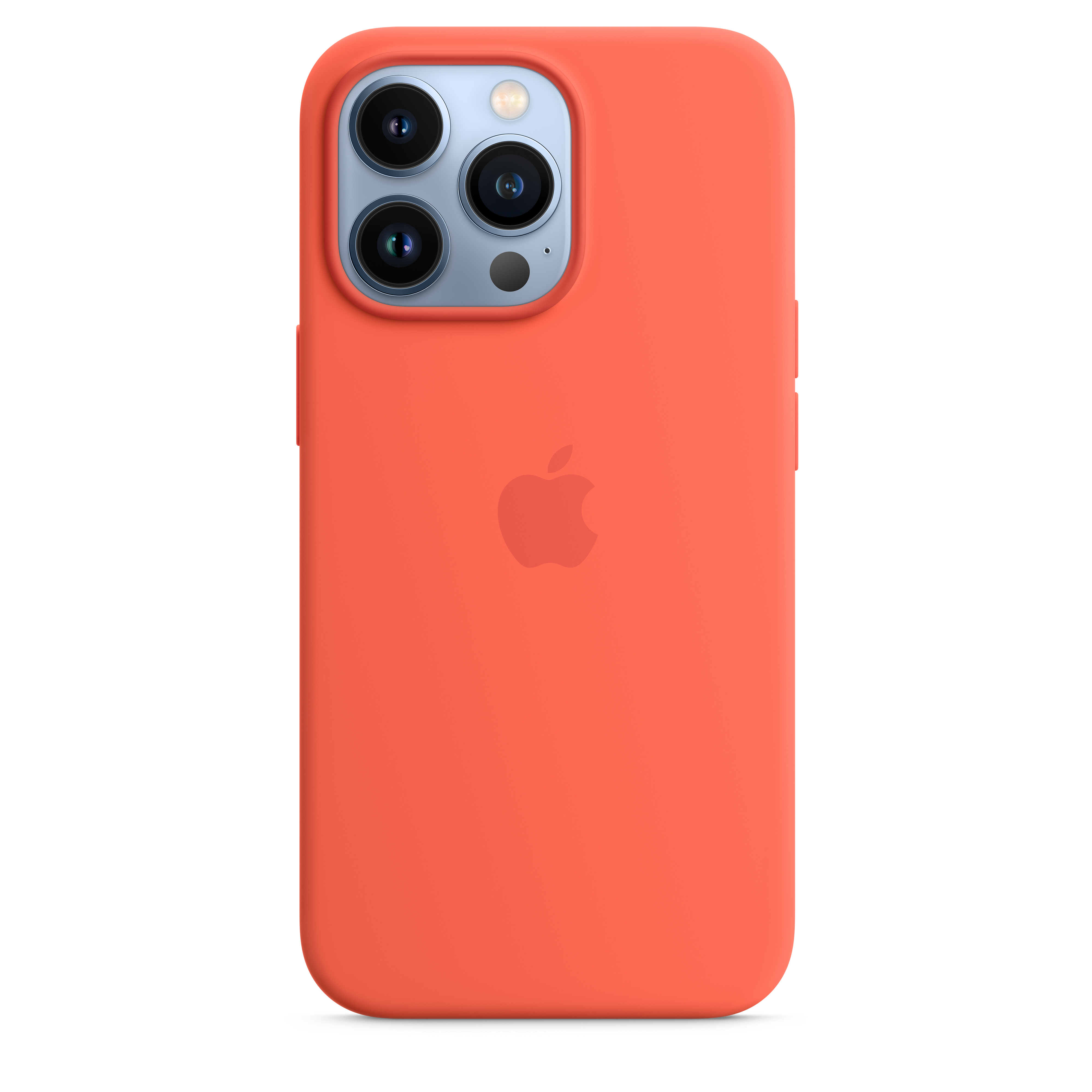 Oranje telefoonhoes met Apple-logo, met camera en zijknopjes.