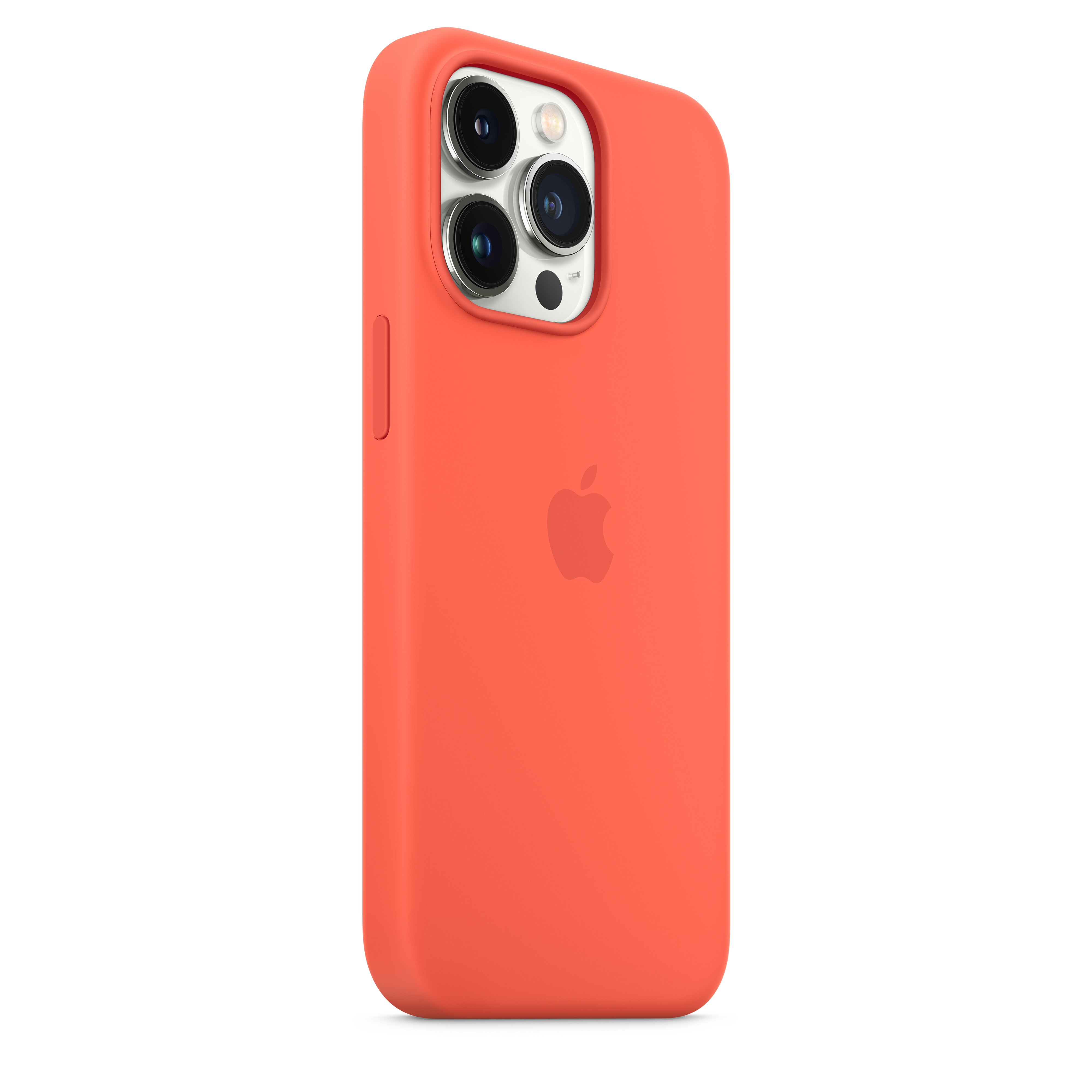 Koraalrode iPhone-hoes met cameradetails en Apple-logo.